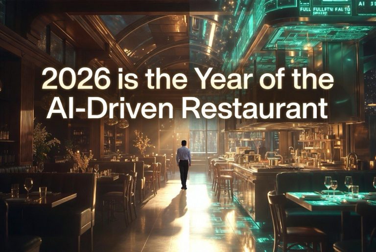 Futuristic AI-driven restaurant interior with teal digital interfaces and warm luxury lighting