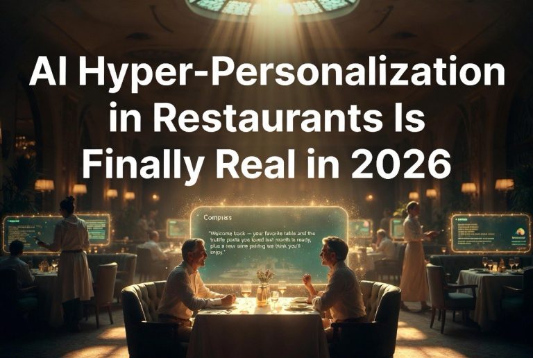 Futuristic AI-driven restaurant with glowing interface screens and hyper-personalization dining experience