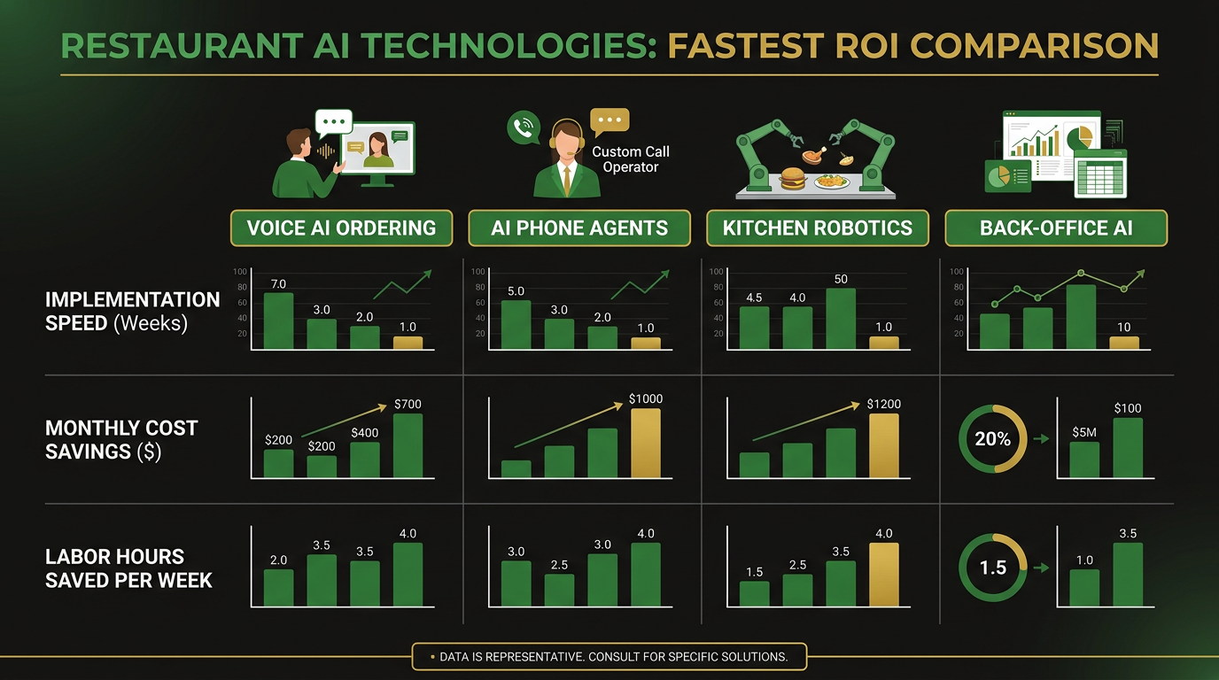 Matrix comparing four restaurant AI technologies across implementation speed, monthly cost savings, and labor hours saved per week