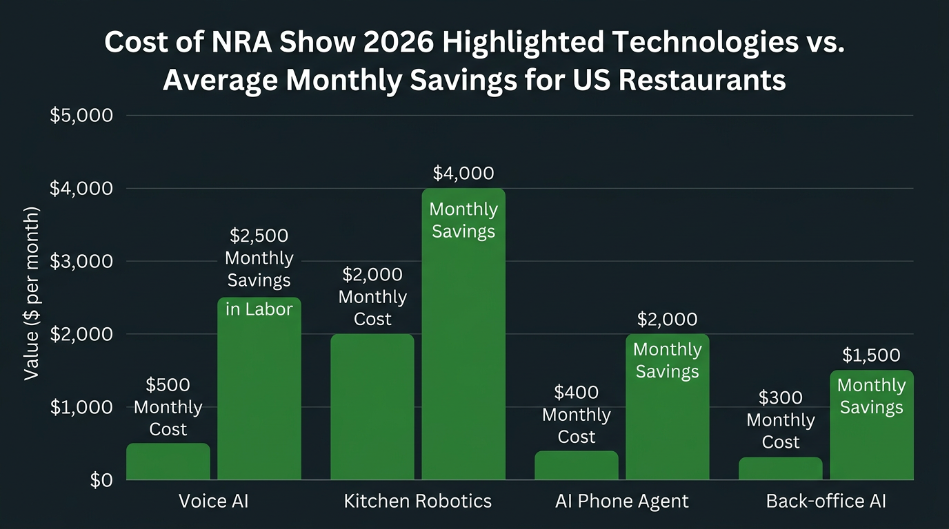 Bar chart comparing monthly cost vs monthly savings for five restaurant AI technologies from NRA Show 2026