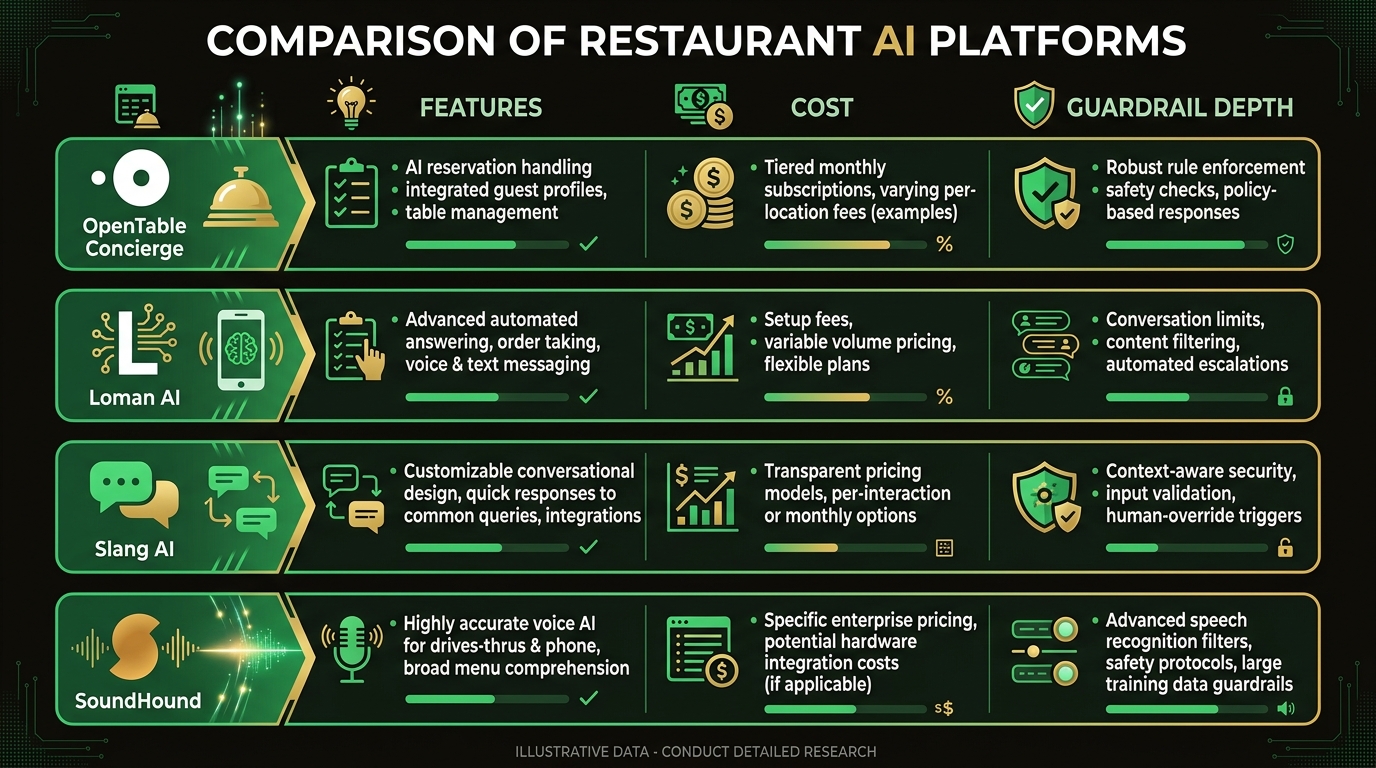 Comparison chart showing four restaurant AI platforms: OpenTable Concierge, Loman AI, Slang AI, and SoundHound with features, cost, and guardrail depth comparisons