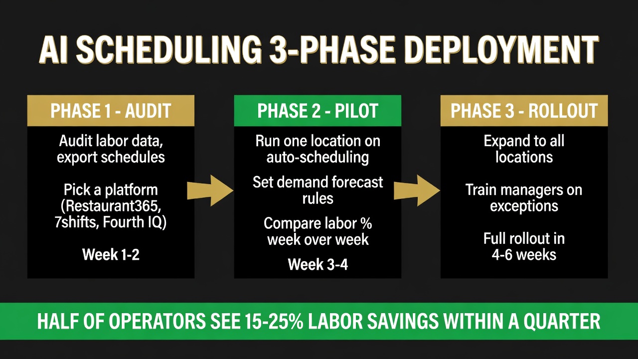 Three-phase AI scheduling deployment: audit data, pilot one location on auto-scheduling, then roll out site-wide within 4-6 weeks