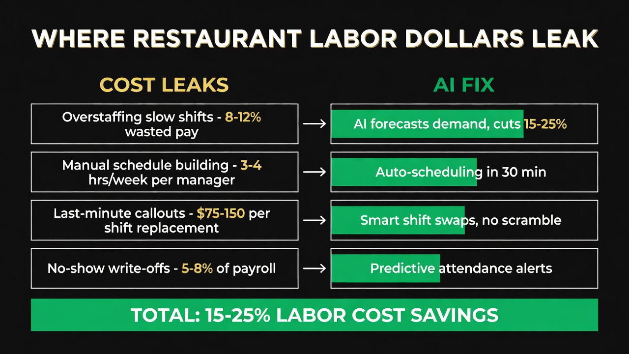 Where restaurant labor dollars leak: overstaffing, manual schedules, callouts, and no-shows vs. the AI scheduling fixes that cut costs 15-25%