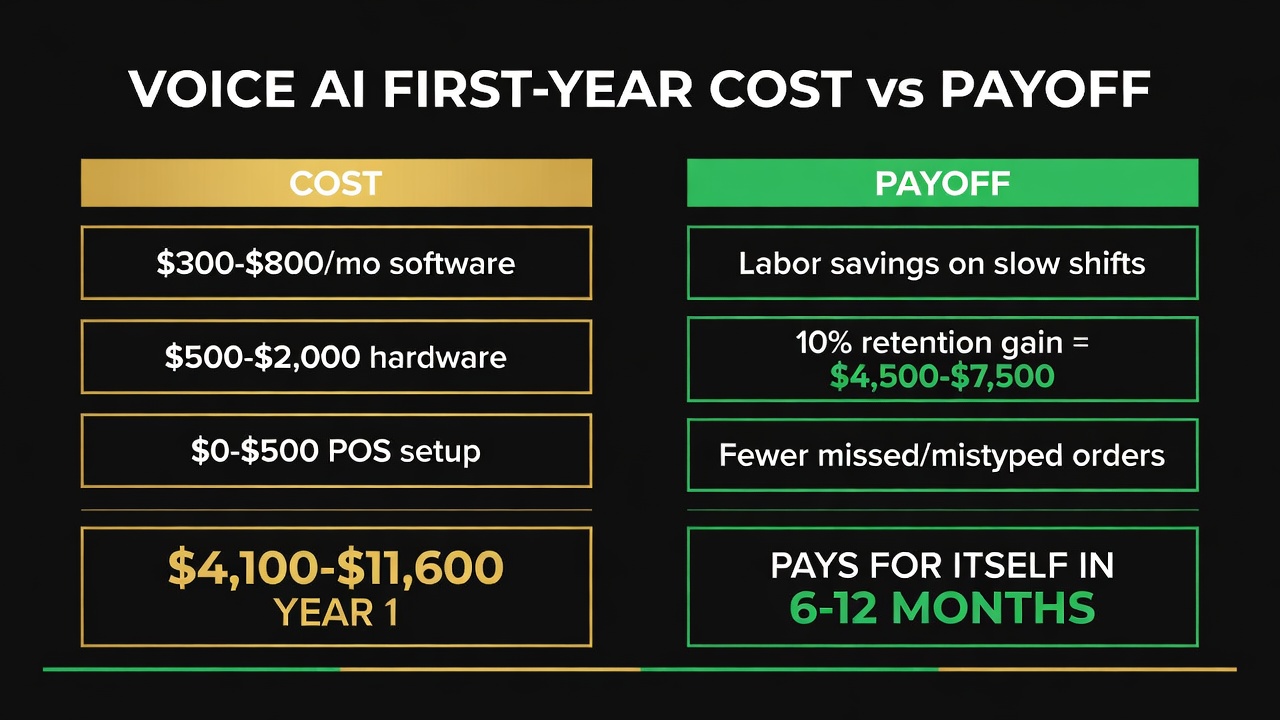 Voice AI first-year cost vs payoff for a single drive-thru: $4,100-$11,600 in year 1 costs, paying for itself in 6-12 months through labor savings and retention gains