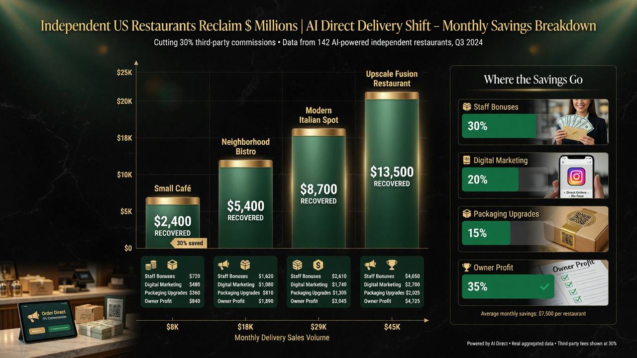 Monthly savings breakdown for AI direct delivery: small café, neighborhood bistro, modern Italian spot, and upscale fusion restaurant recover $2,400 to $13,500 per month by cutting 30 percent third-party commission, with savings going to staff bonuses, digital marketing, packaging upgrades, and owner profit