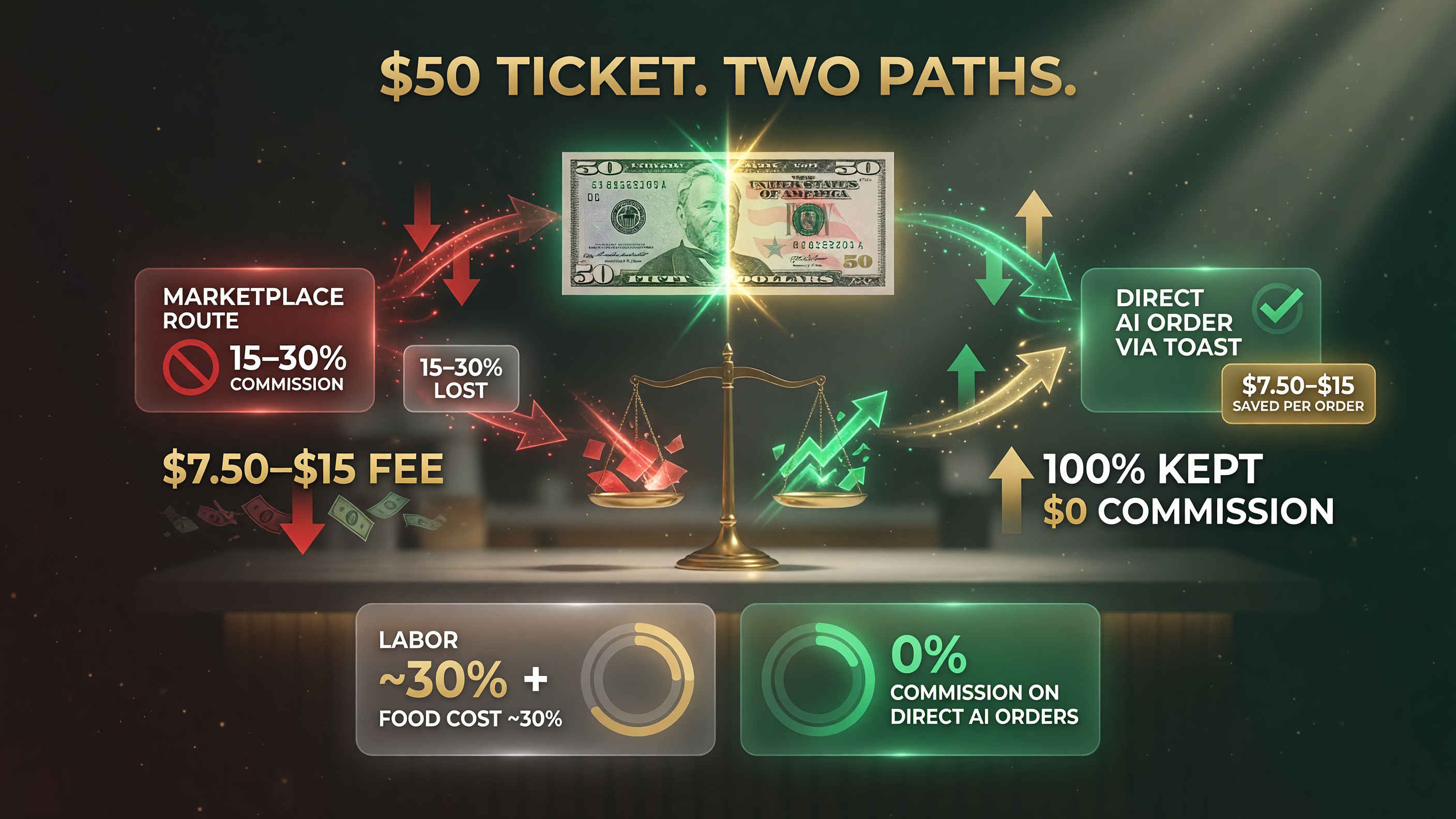 Commission comparison for a 50 dollar restaurant ticket marketplace vs direct AI