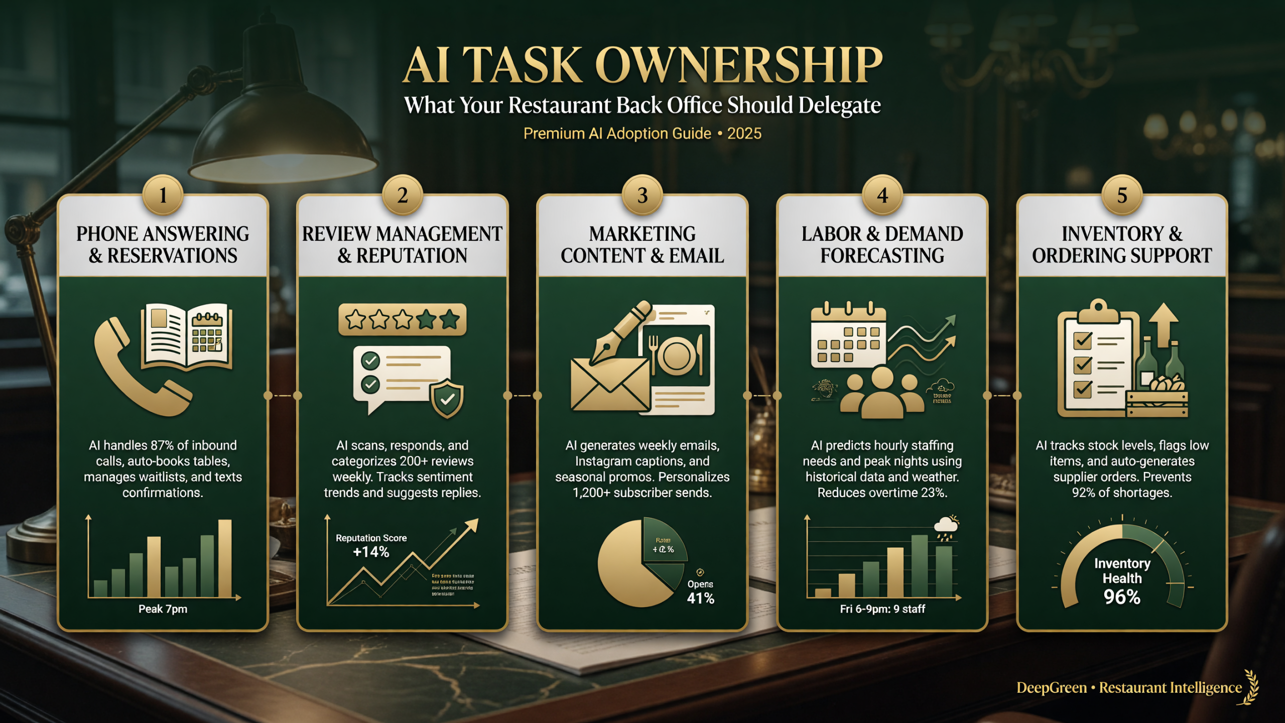 Five restaurant back-office tasks AI handles best: phone answering, review management, marketing content, labor forecasting, and inventory support