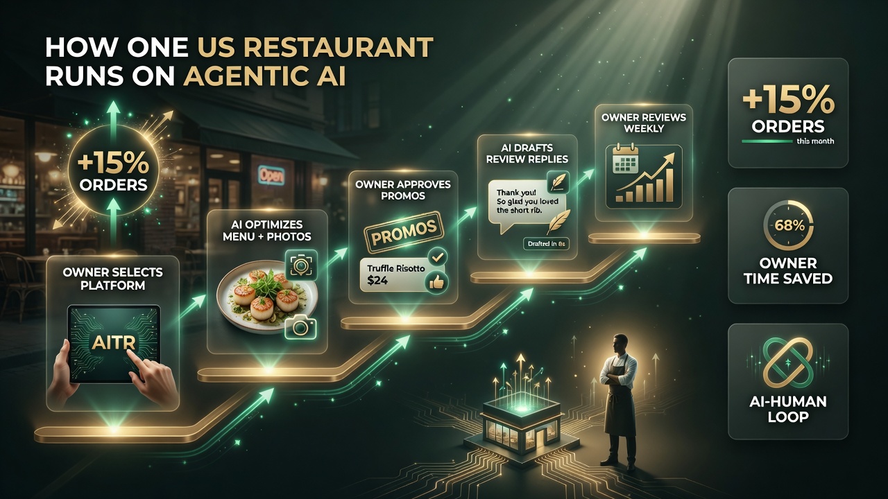 Five-step process for how an independent US restaurant runs on agentic AI: pick platform, AI optimizes menu and photos, owner approves promotions, AI drafts review replies, owner reviews weekly