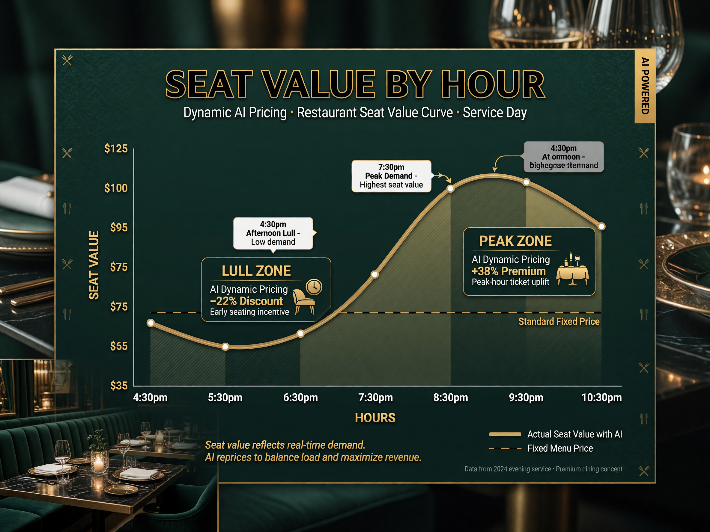 Seat value by hour demand curve showing the afternoon lull and the 7:30pm peak where AI dynamic pricing discounts slow hours and raises peak-hour tickets
