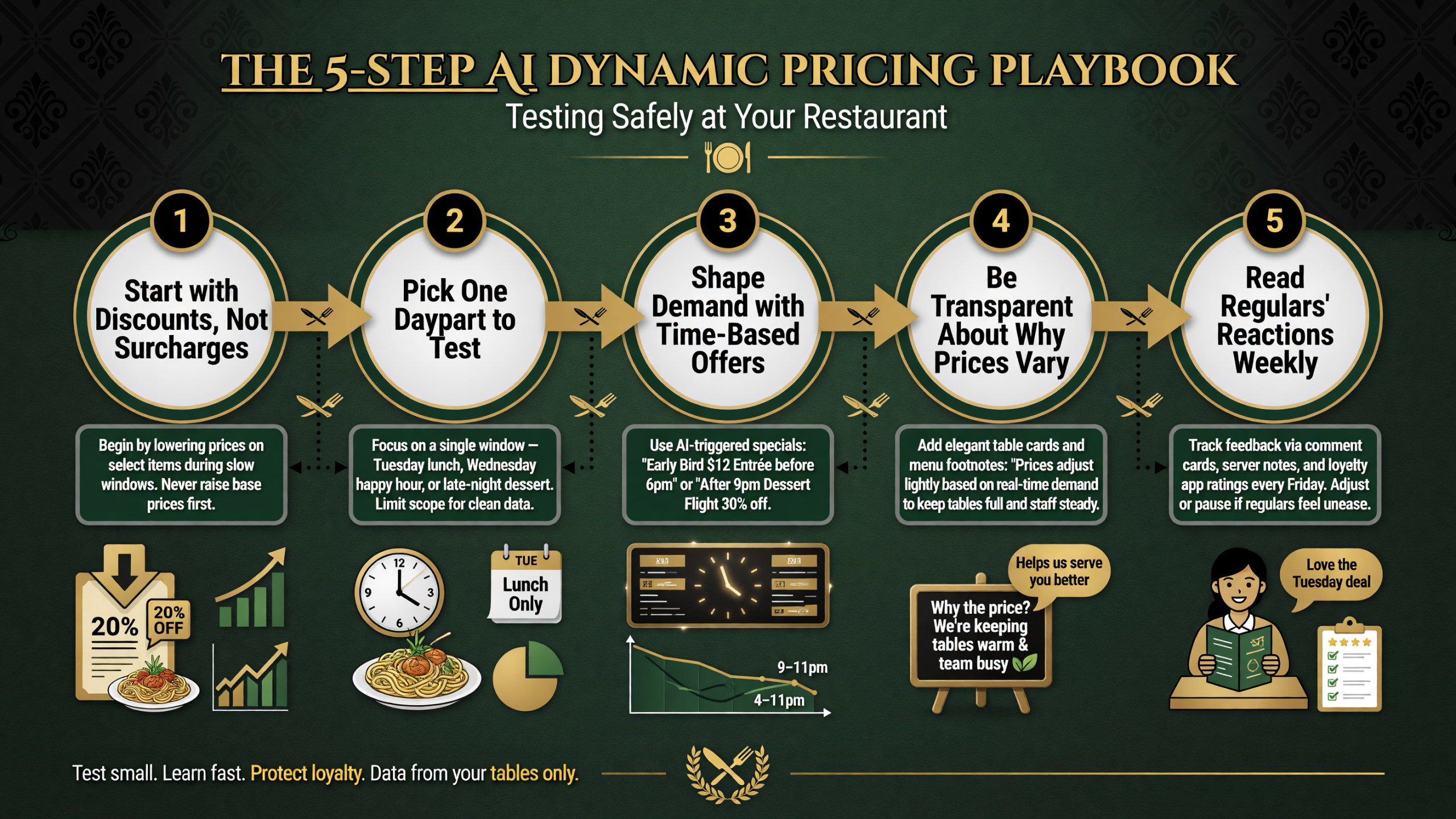 Five-step test playbook for trying AI dynamic pricing safely: discounts before surcharges, one daypart, time-based offers, transparency, and weekly regular tracking