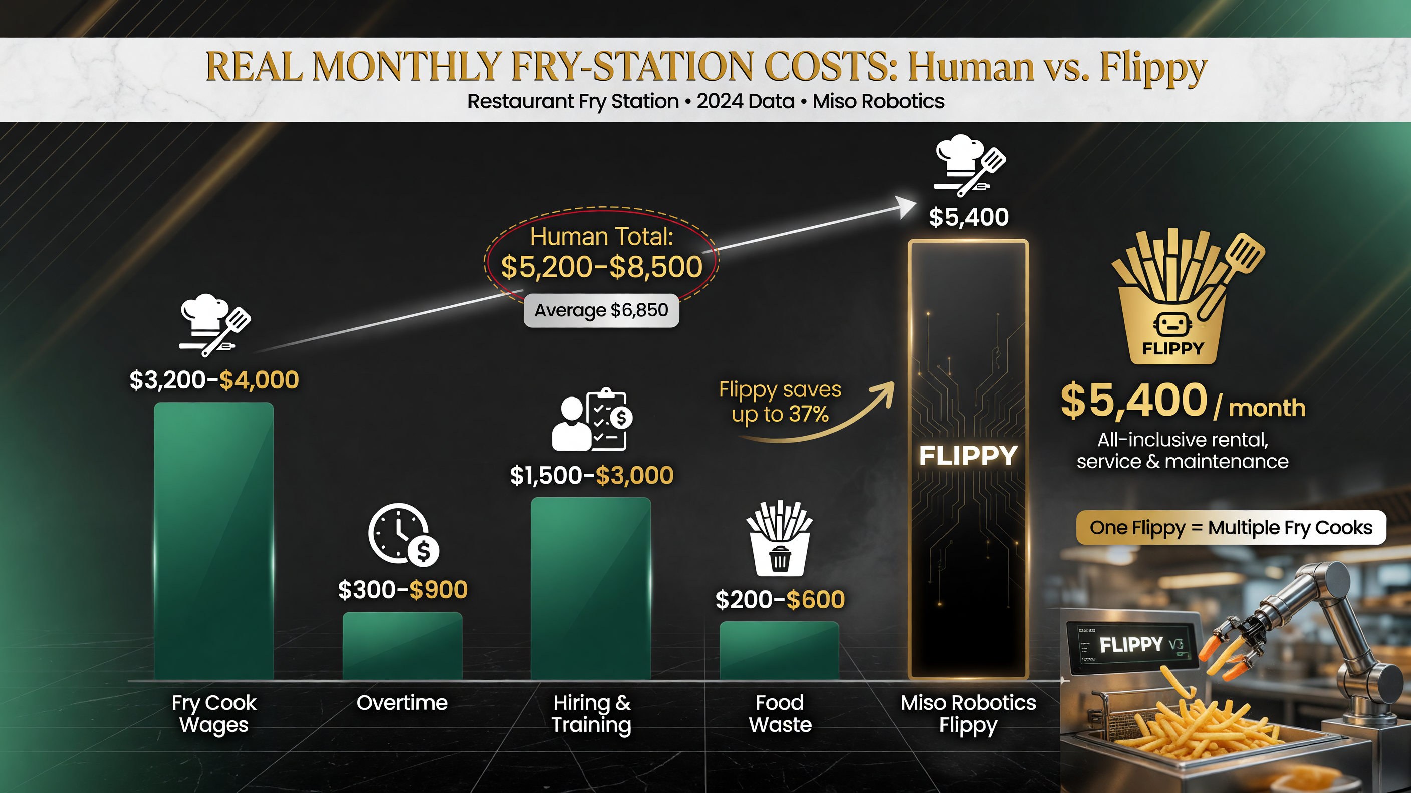 Flippy robot monthly rental vs human fry cook labor costs comparison chart