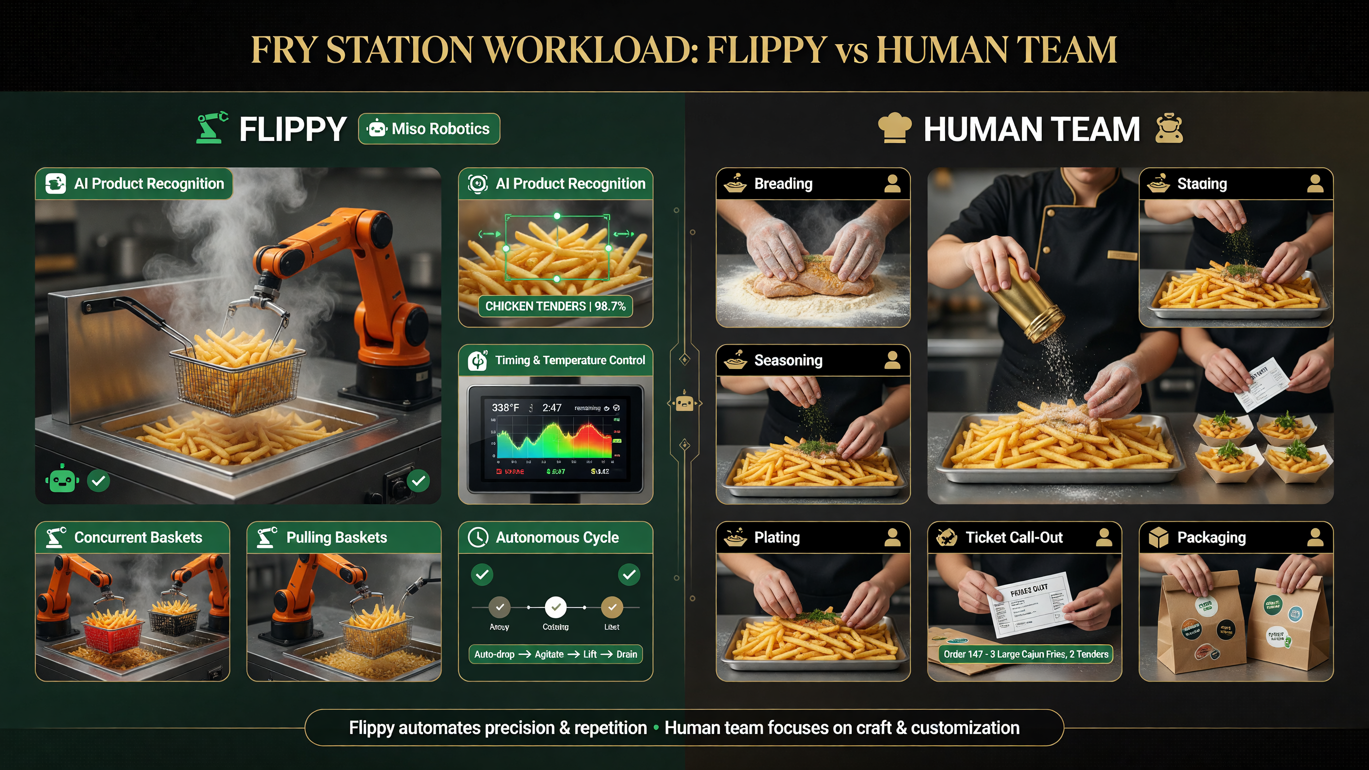 Flippy robot vs human team fry station workload breakdown