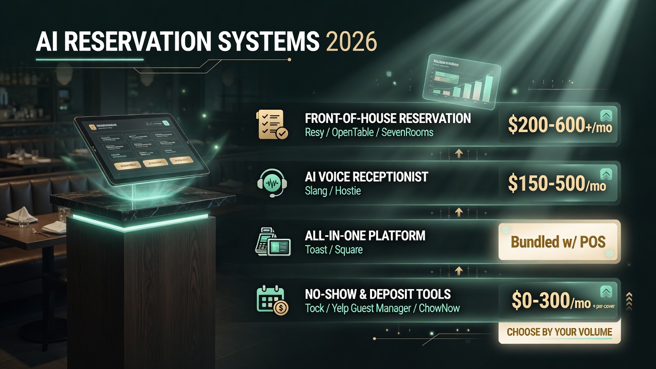 Four AI reservation system categories compared by monthly cost and best fit for restaurant volume in 2026
