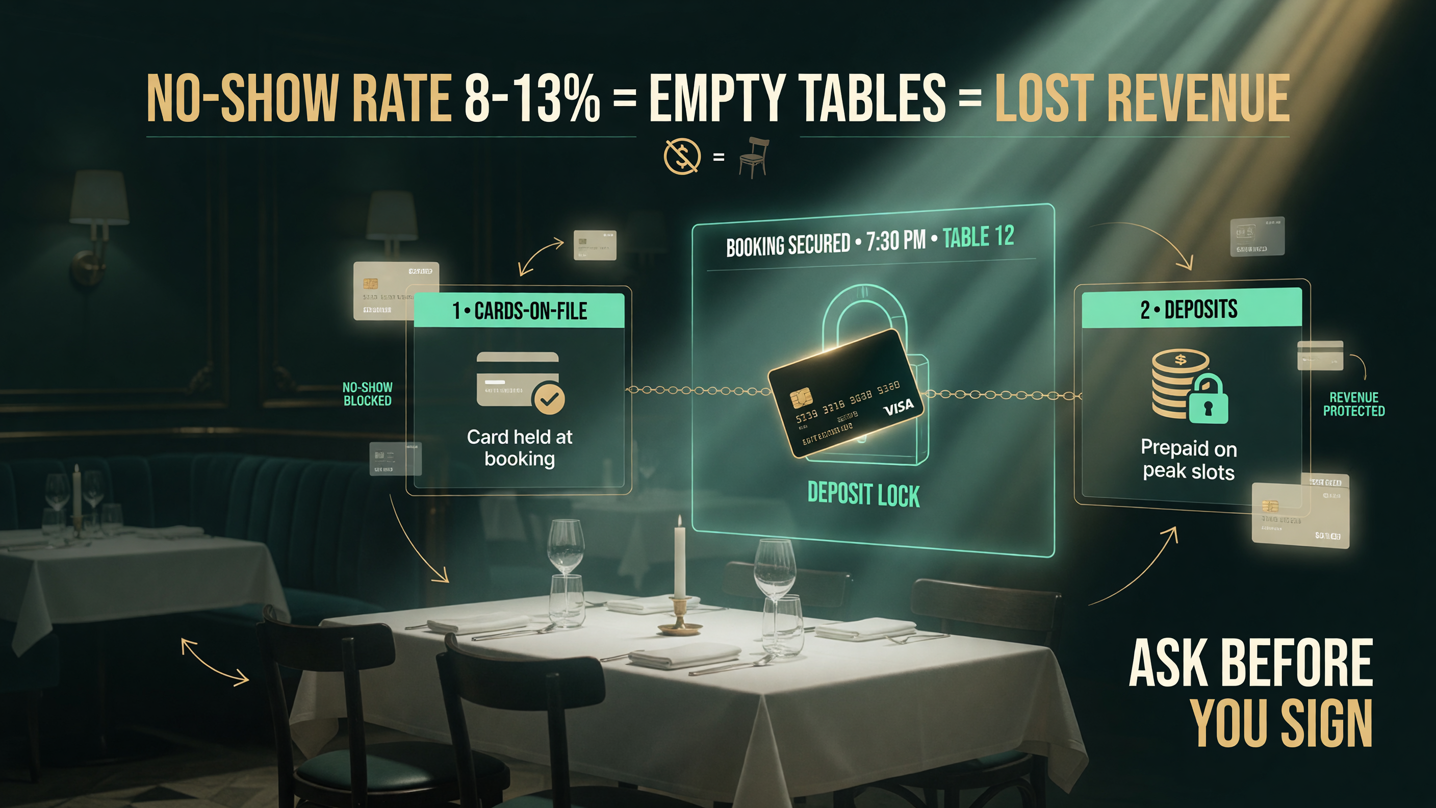 Cards-on-file and deposits are the two non-negotiables that protect restaurant margin against no-shows