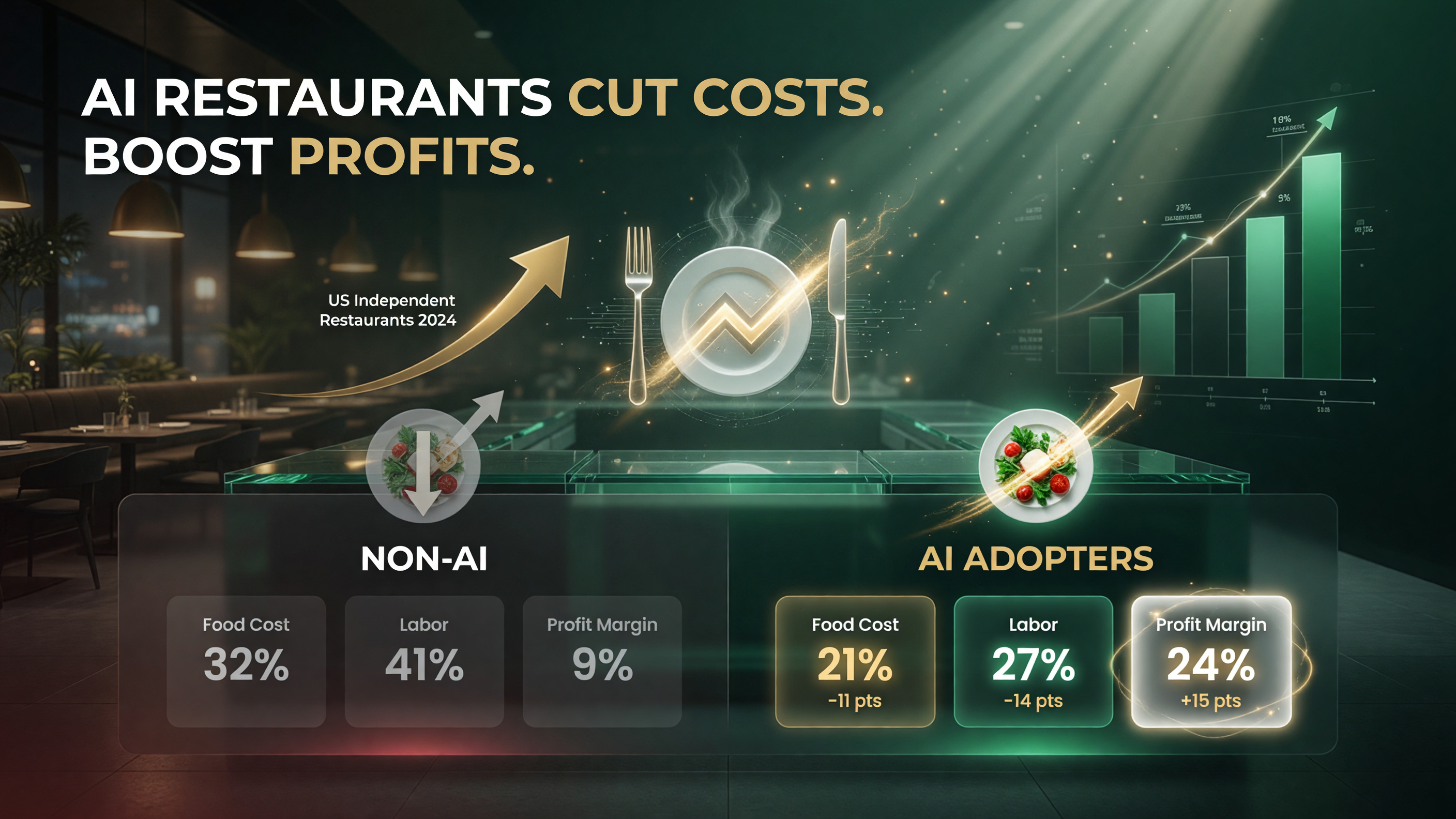 Comparison showing AI-adopting restaurants cutting food and labor cost and lifting profit margin