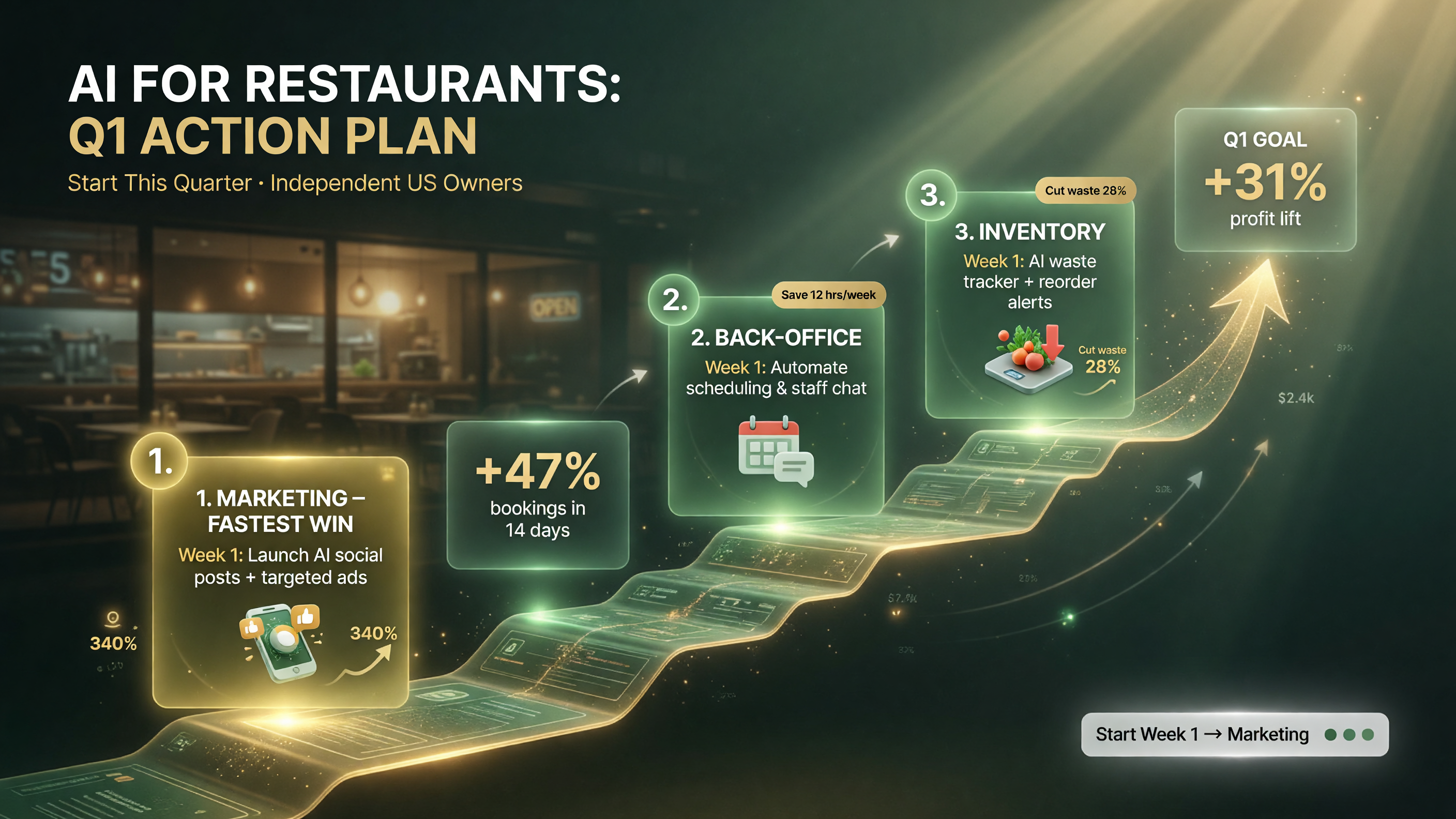 Quarterly action plan ranking marketing as the fastest AI win, then back office and inventory