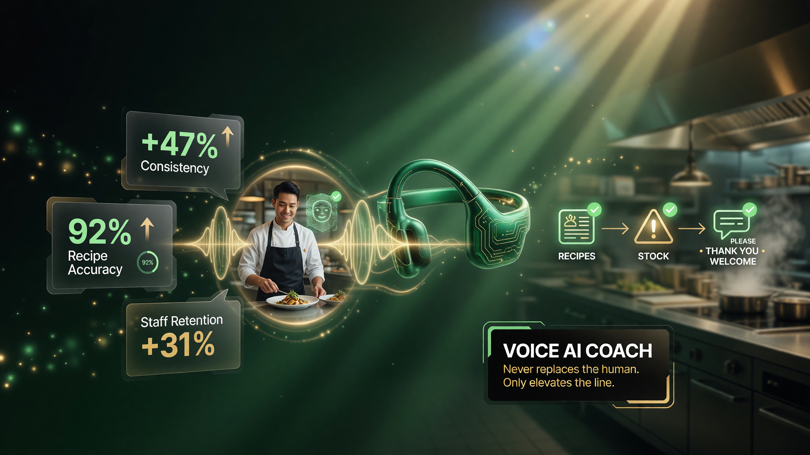 Patty AI coach visual showing +47% consistency, 92% recipe accuracy, and +31% staff retention