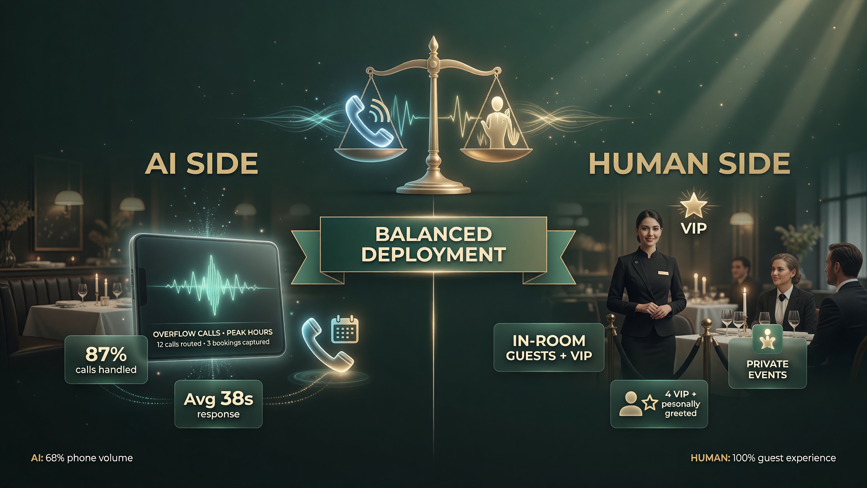 Hybrid deployment model showing AI answering overflow calls and human staff handling exceptions