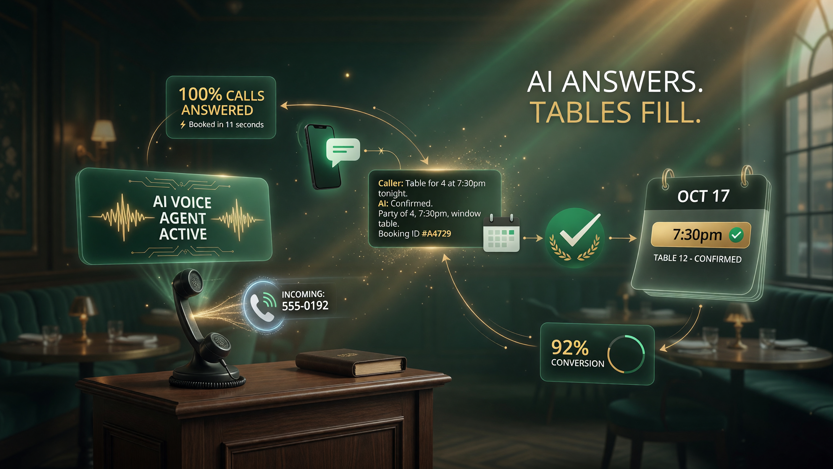 AI voice reservation agent answering a restaurant phone call and booking a table