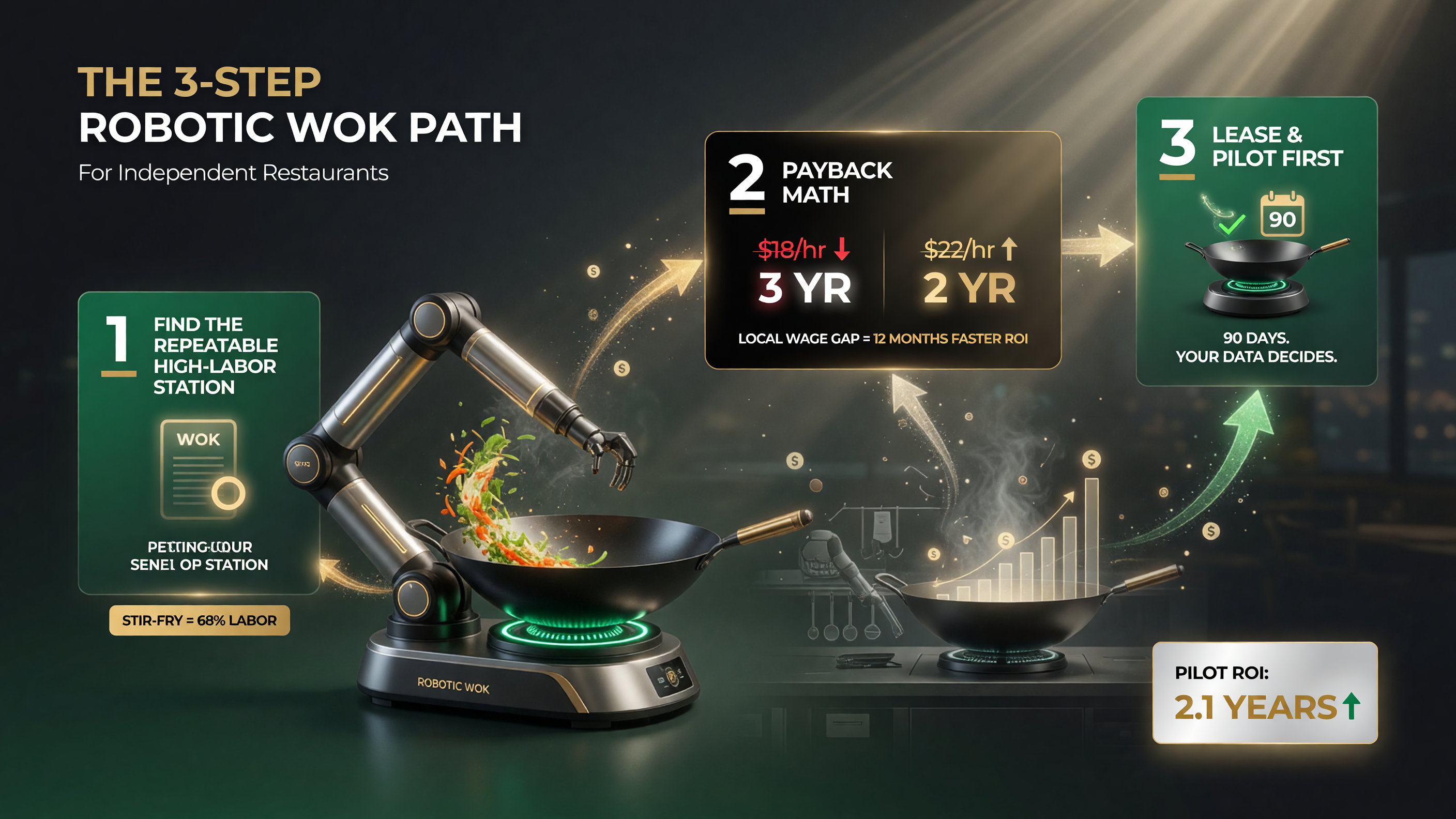 Three-step robotic wok adoption path: automate the repeatable high-labor task, add the software AI layer, let kitchen data decide in 90 days