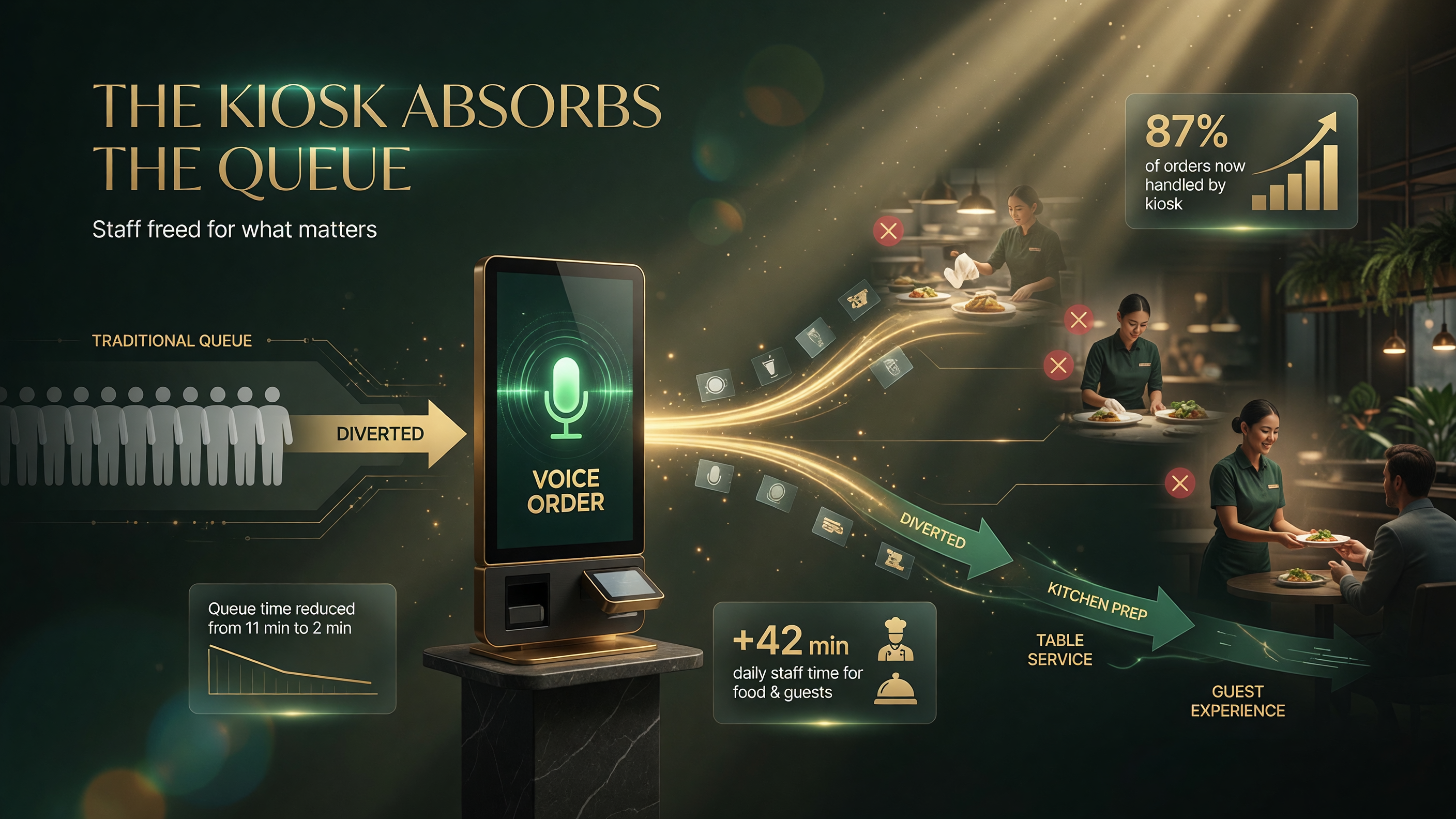 Labor cost impact of a voice ordering kiosk absorbing the order queue