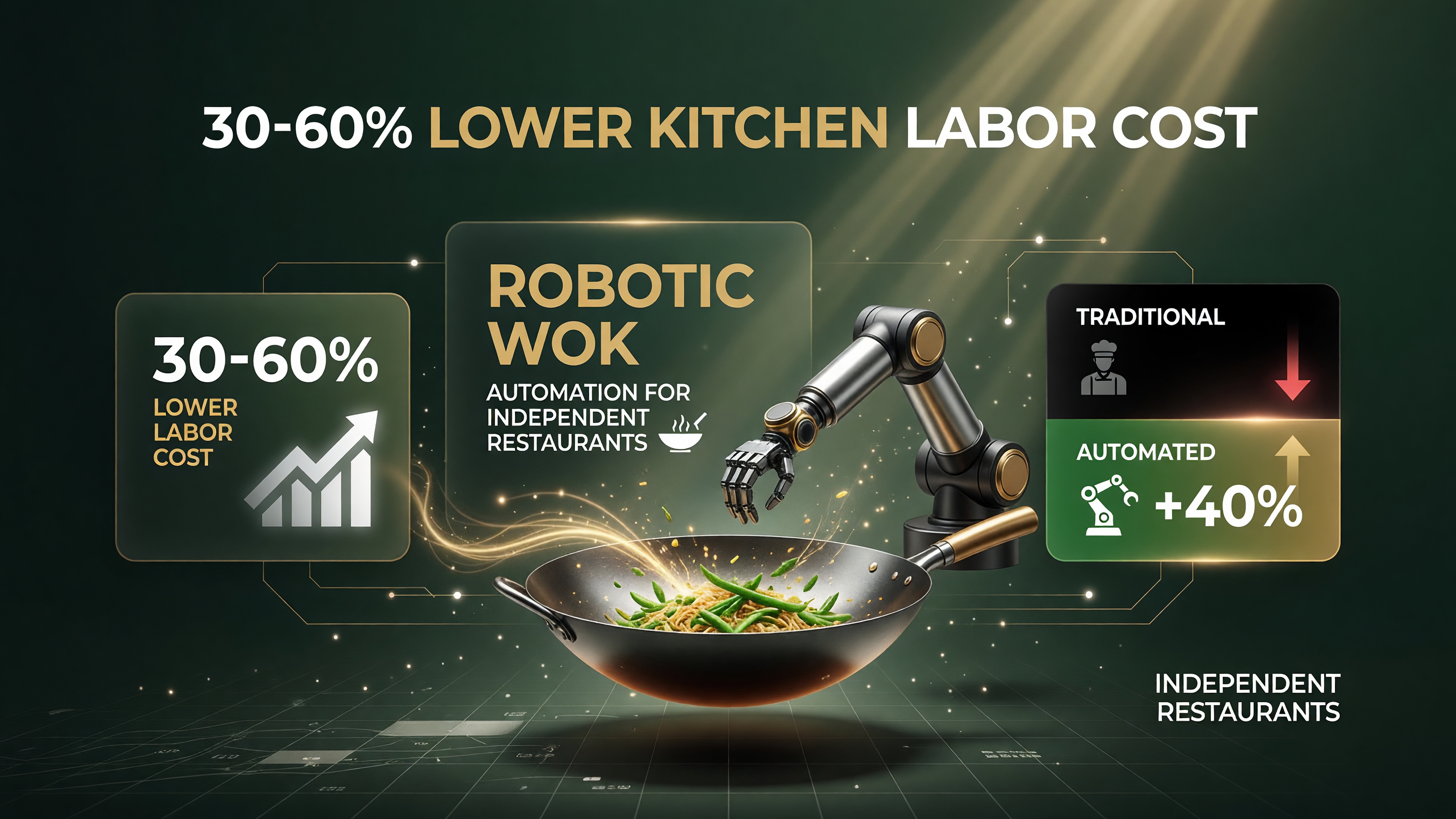 Robotic wok automation: 30-60 percent lower kitchen labor cost for independent restaurants — cinematic 2K AITR green/gold palette