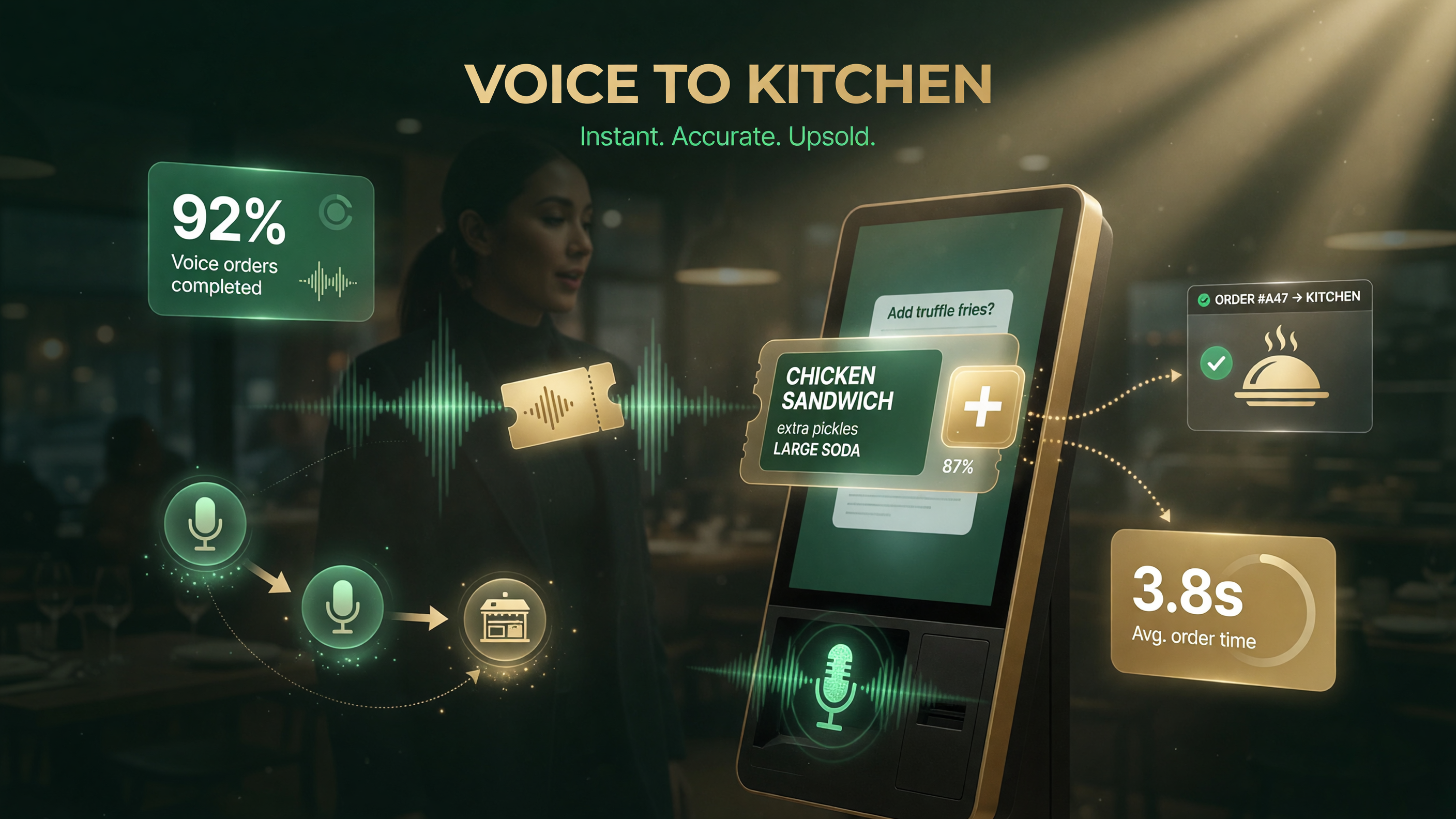Guest ordering by voice at a restaurant self-service kiosk