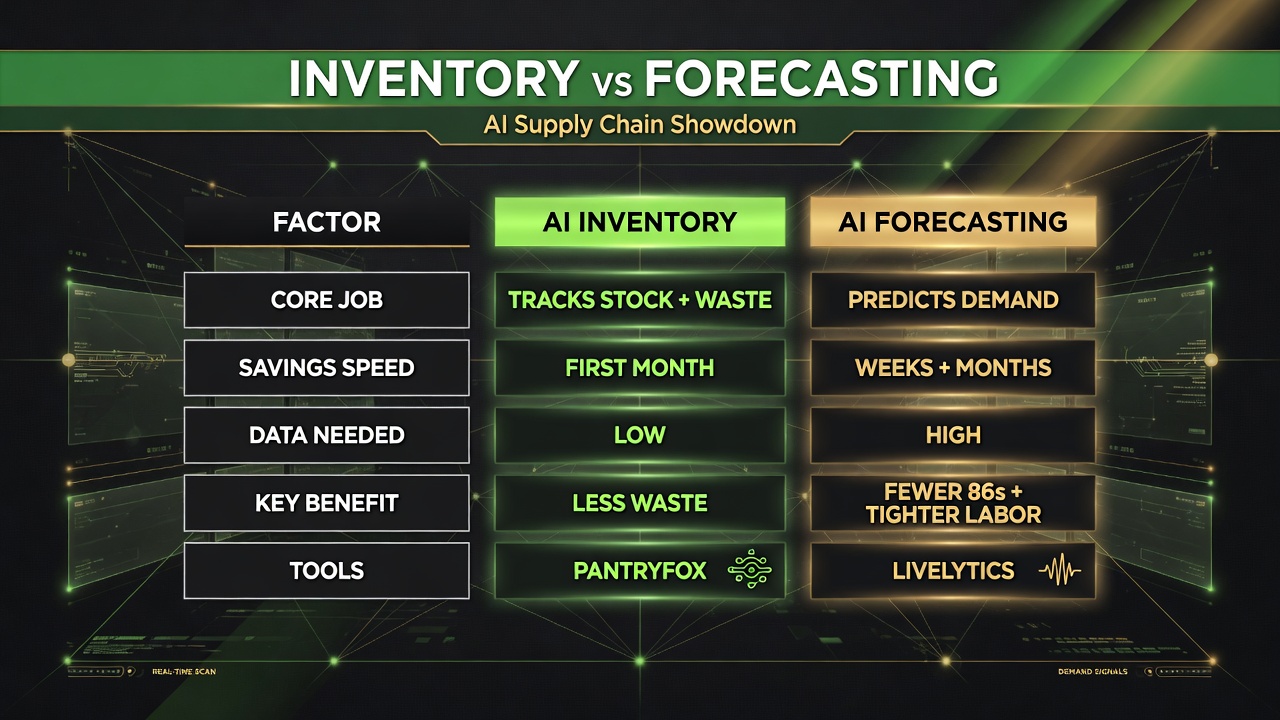 Side-by-side comparison matrix of AI inventory management vs AI demand forecasting across core job, savings speed, data needed, key benefit, and tools