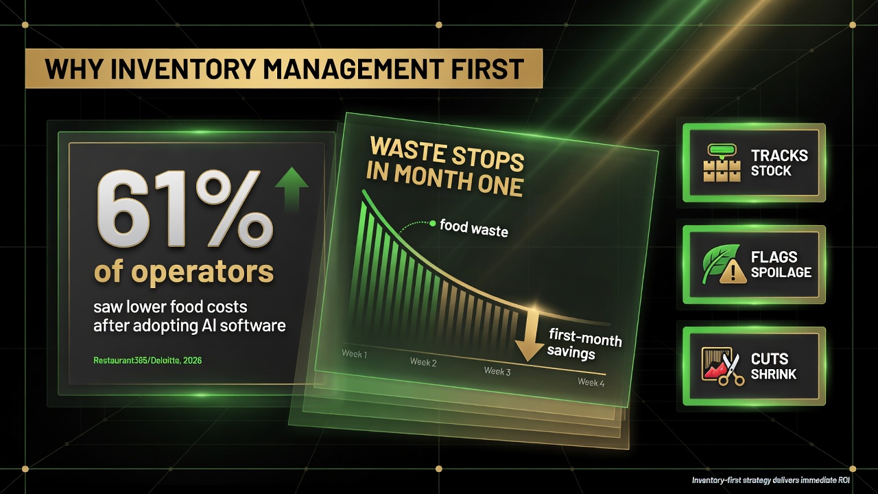 Infographic showing why restaurants should start with AI inventory management first, featuring the 61% lower-food-cost stat from Restaurant365 and Deloitte data