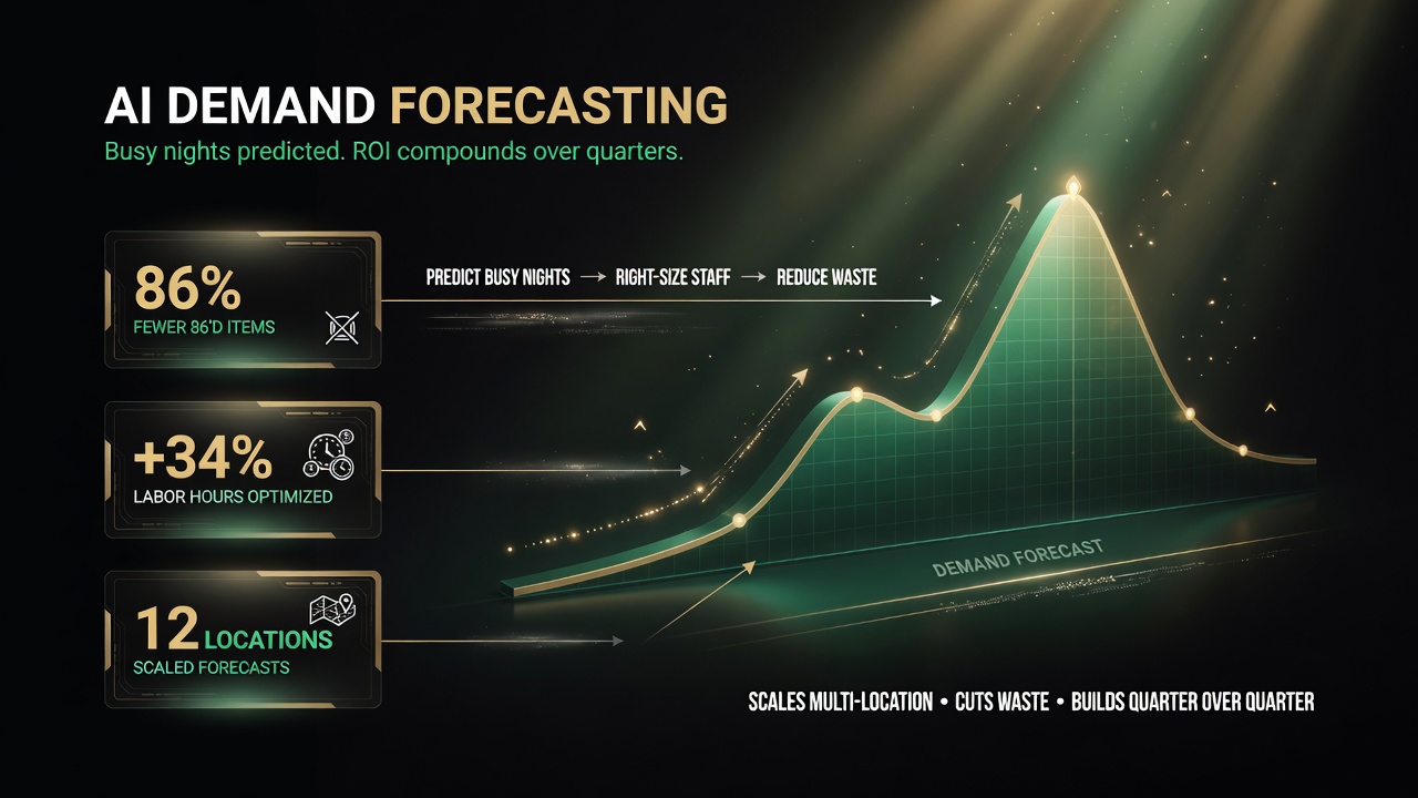AI demand forecasting infographic showing busy-night prediction, right-sized labor hours, and multi-location scaling with quarter-over-quarter ROI