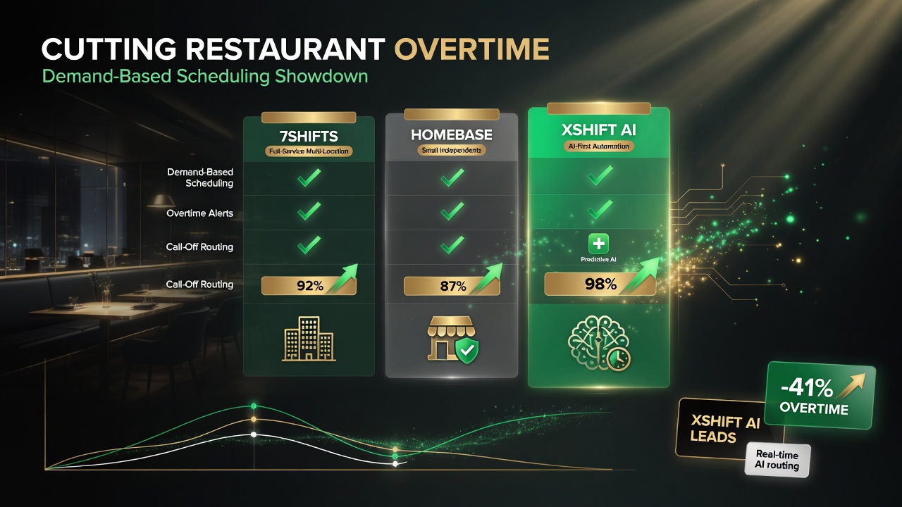 Side-by-side comparison matrix of 7shifts, Homebase, and XShift AI scheduling tools for cutting restaurant overtime