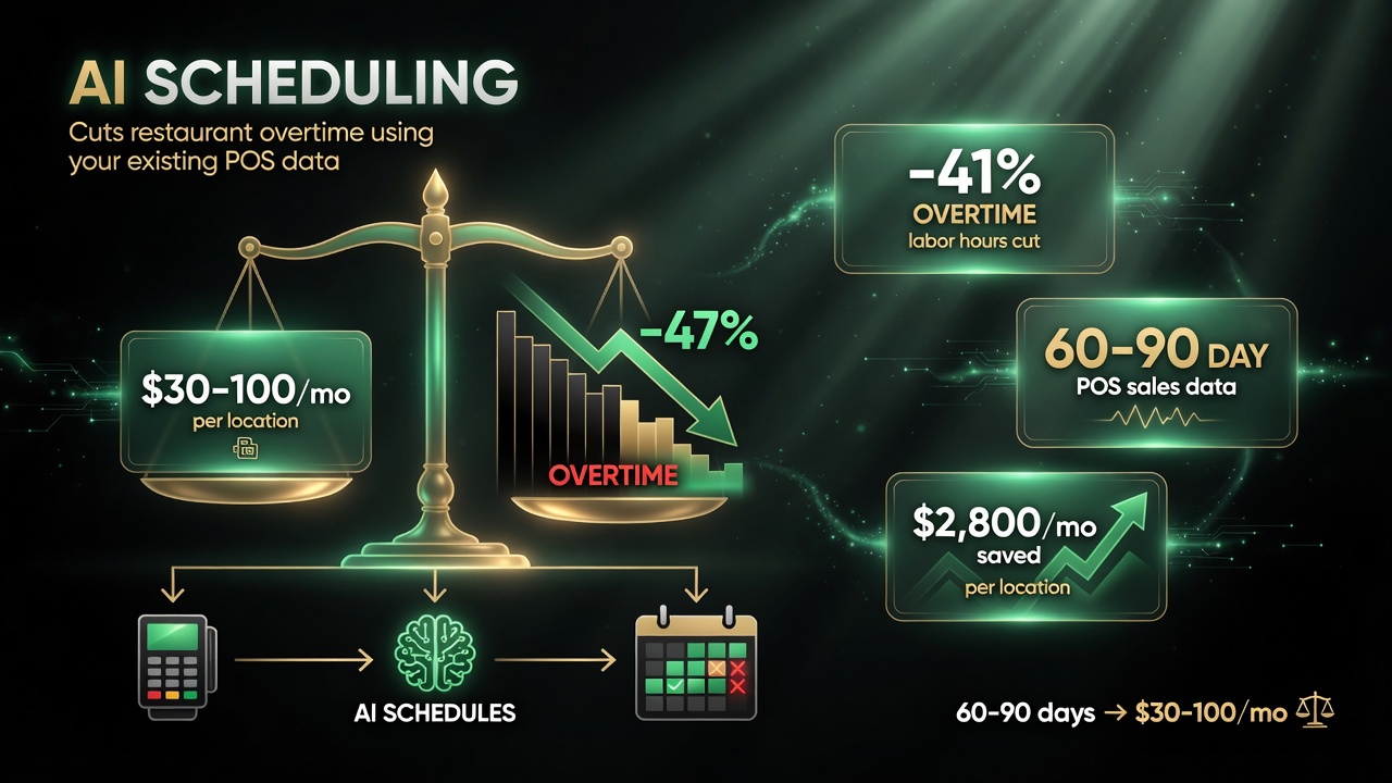 Cost versus savings infographic showing AI scheduling platform at 30 to 100 dollars per month per location cutting overtime labor using existing POS data