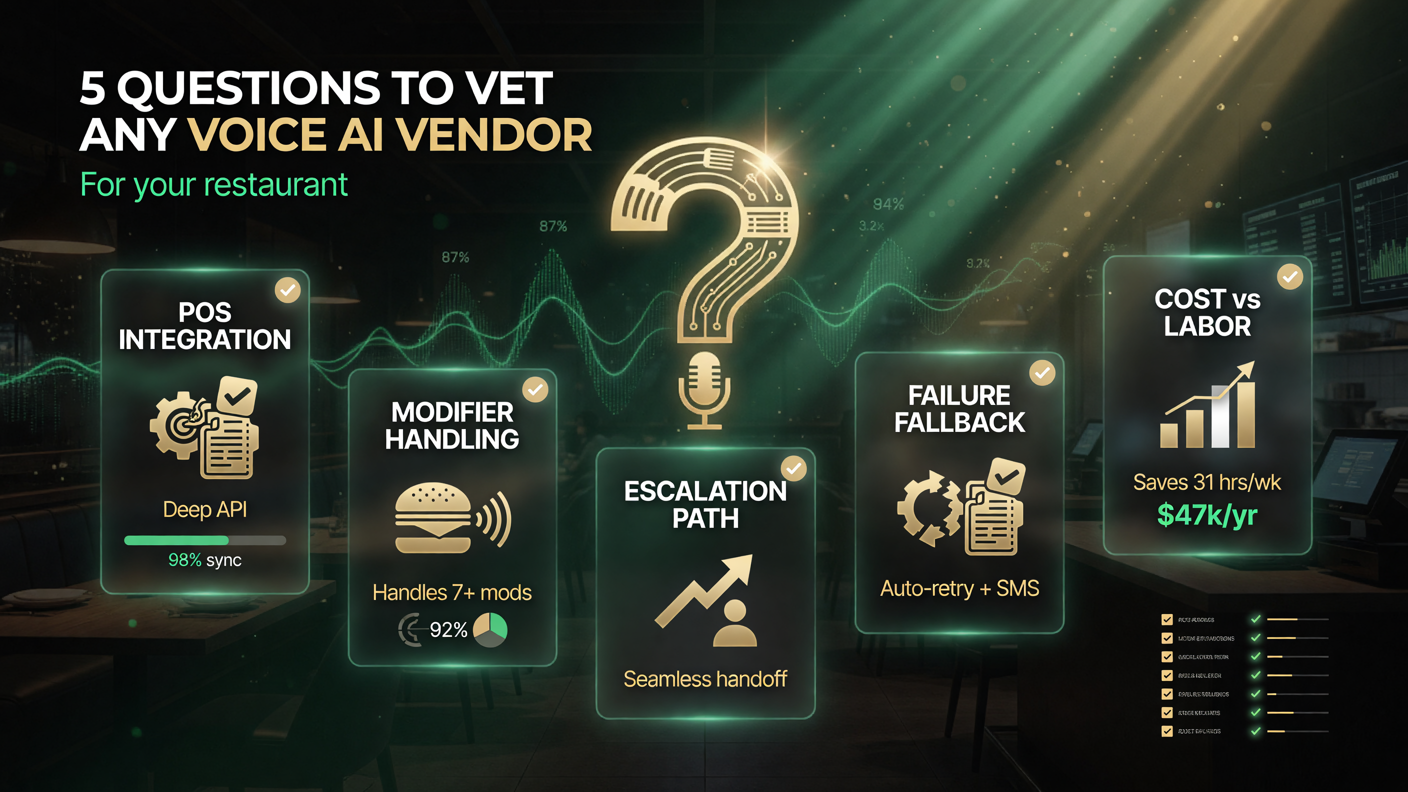 Questions to ask a voice ordering vendor: POS integration, modifiers, escalation path, monthly cost versus displaced labor, green gold black white palette