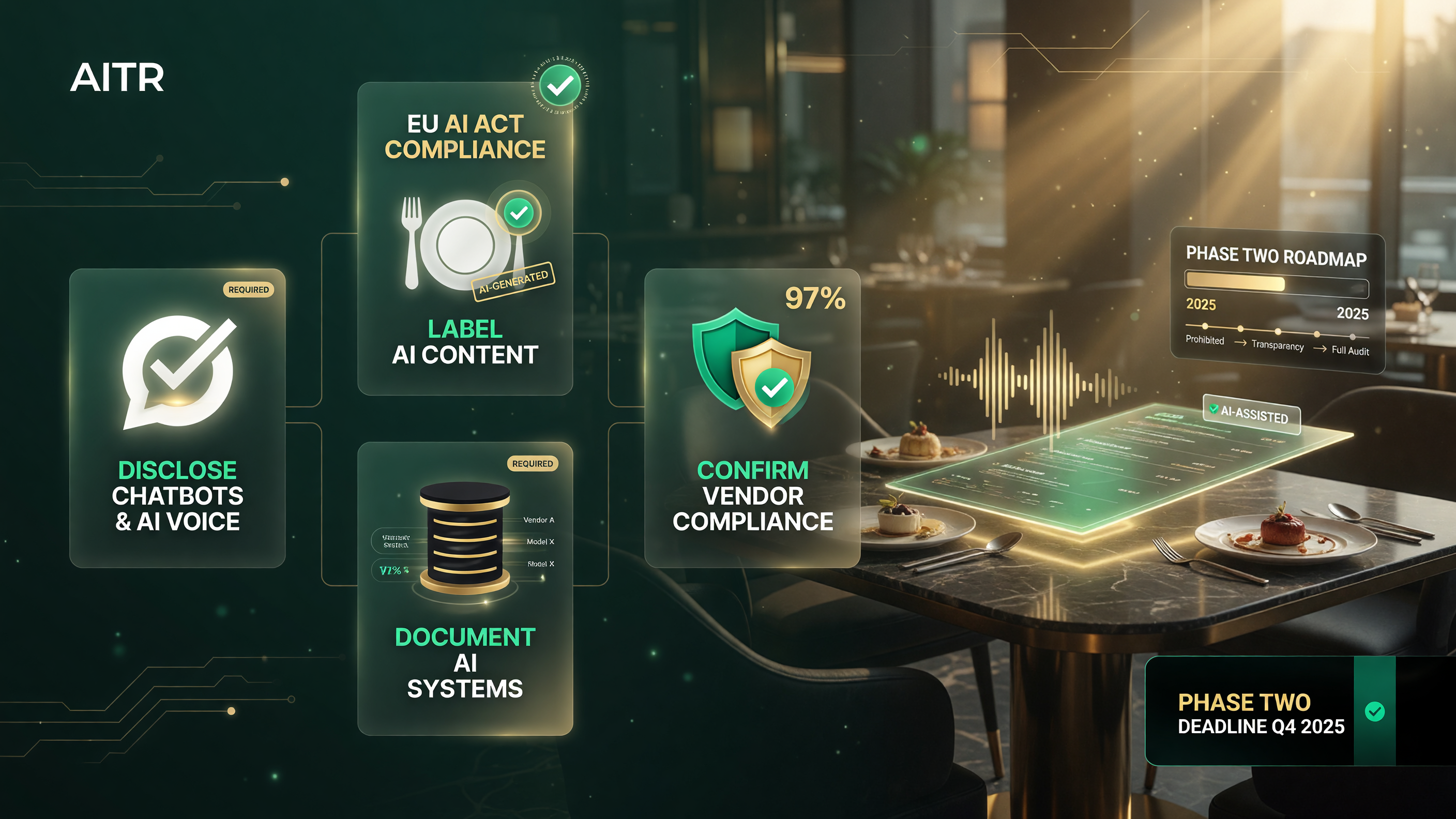 EU AI Act restaurant compliance checklist: disclose chatbots and voice AI, label AI-generated content, document AI systems, confirm vendor compliance, watch phase two, green gold black white palette