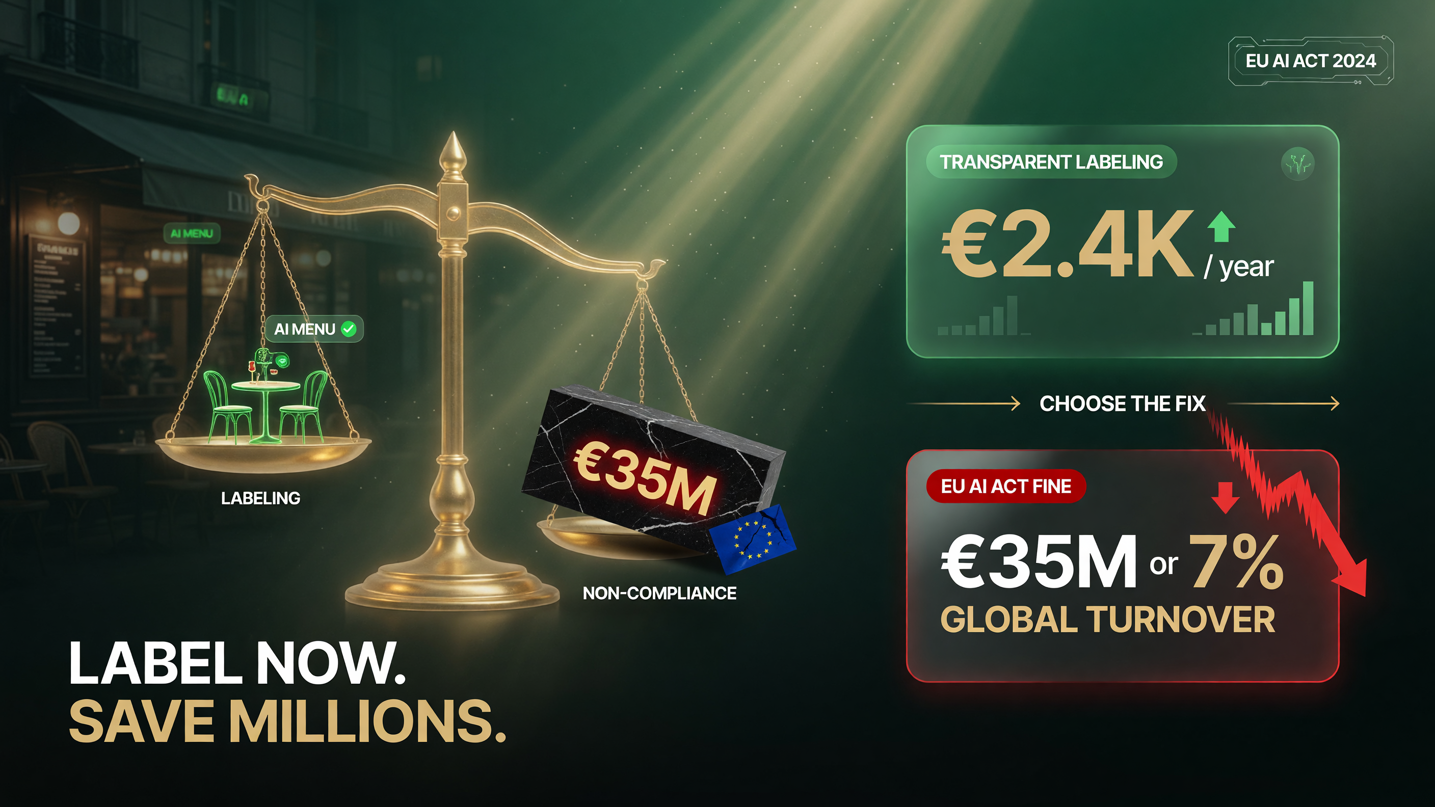 EU AI Act fines comparison: low compliance cost of AI labeling versus a fine reaching tens of millions of euros, green gold black white palette
