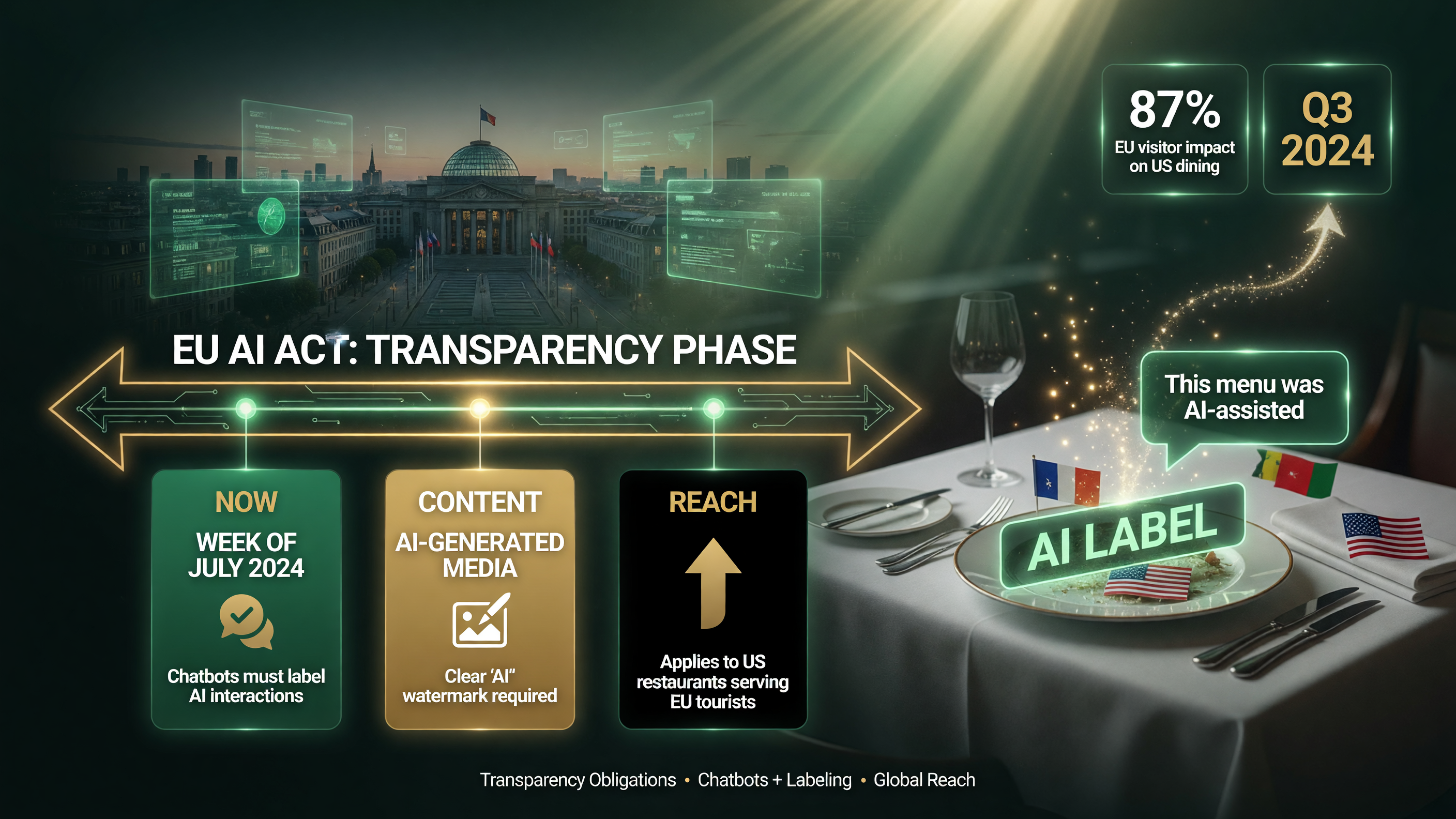 EU AI Act transparency obligations timeline: this week's batch covers chatbots and AI-generated content labeling, applies to any AI touching EU users, green gold black white palette