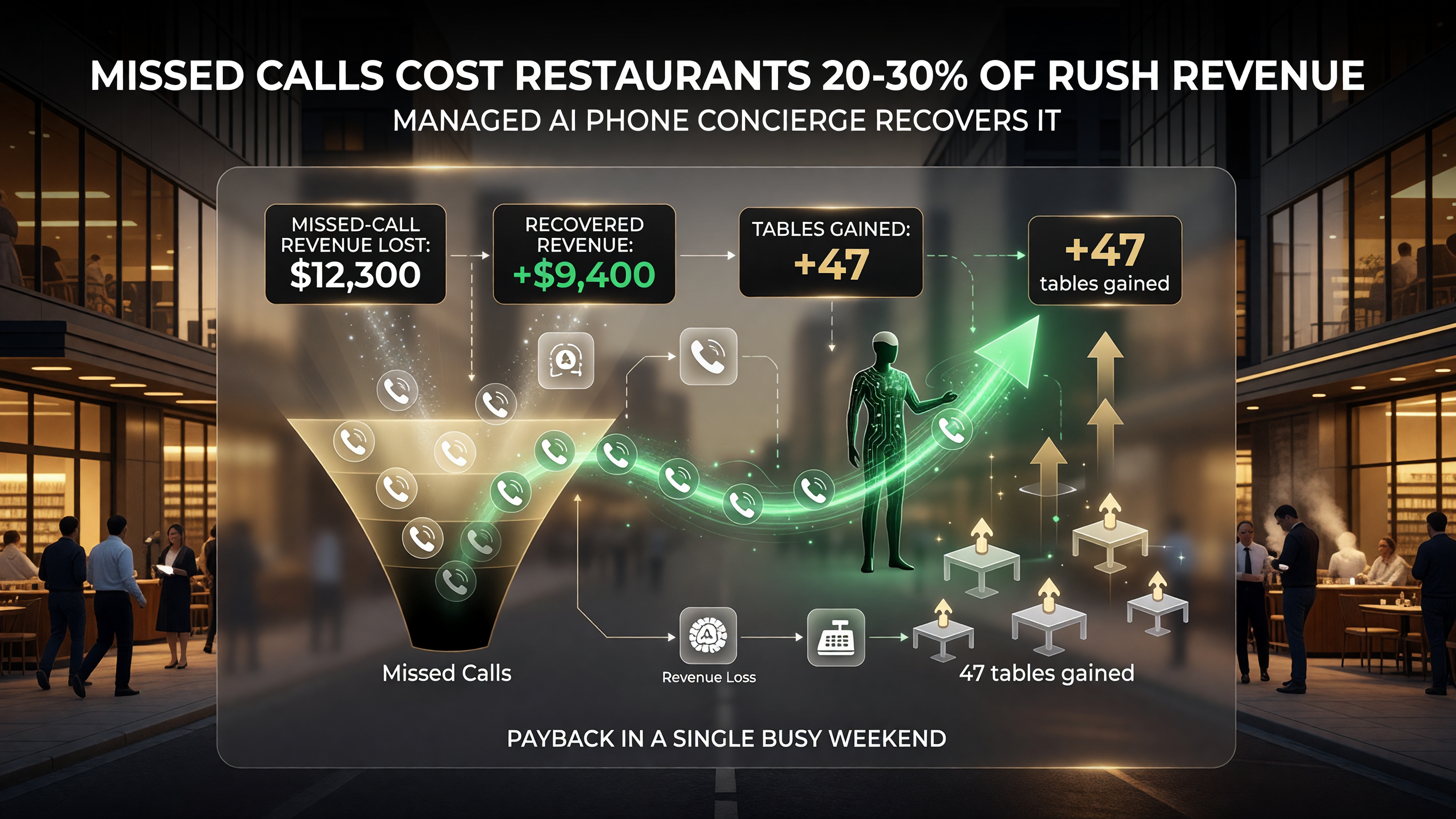 Infographic comparing revenue lost from missed restaurant calls versus gained with a managed AI concierge