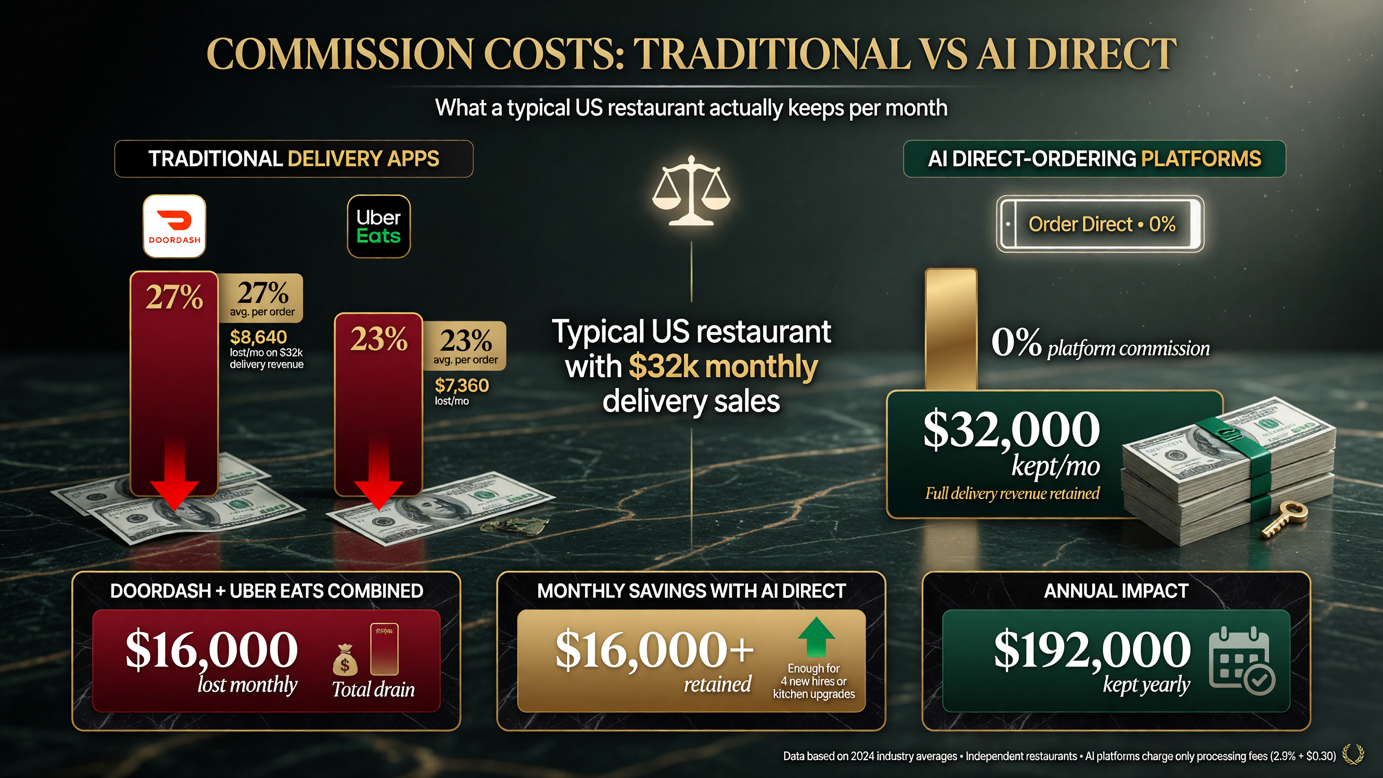 Commission leak comparison: DoorDash and Uber Eats take 15 to 30 percent per delivery order, while AI direct-ordering platforms charge 0 percent platform commission and let the restaurant keep the full delivery revenue