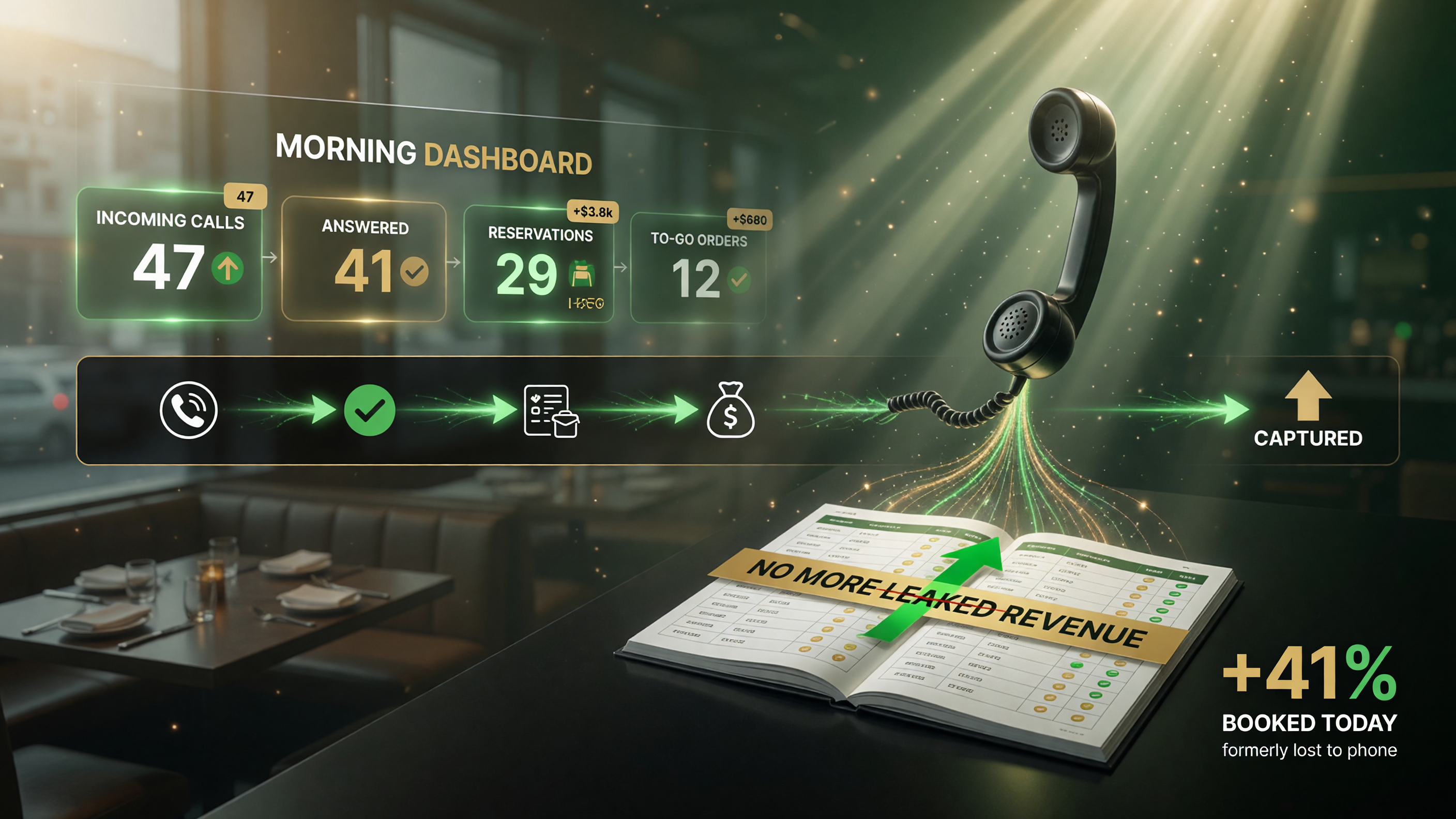 Amplified AI operator morning dashboard showing calls answered, reservations and to-go orders booked, revenue captured
