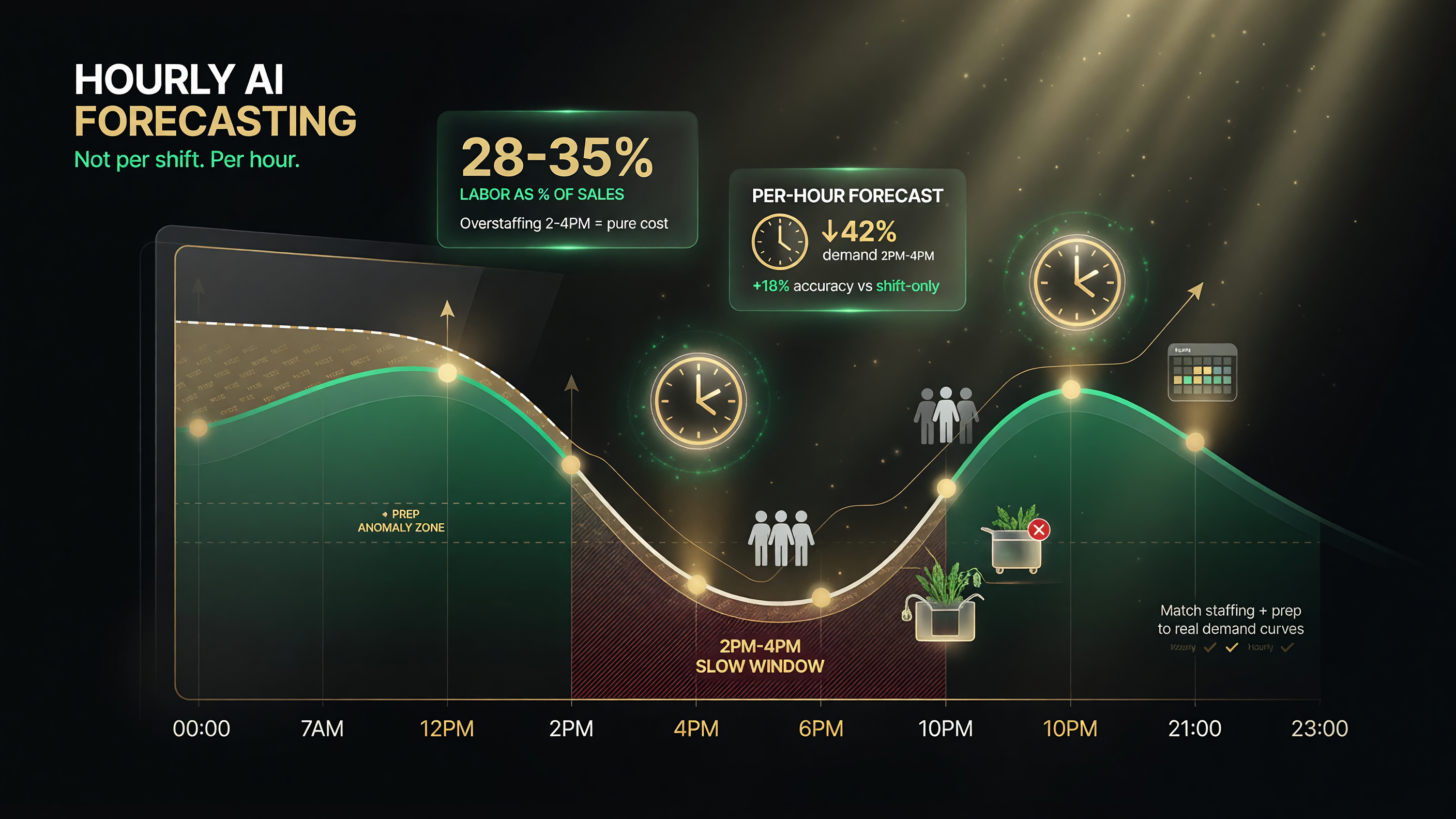 Hourly AI forecasting aligns staffing and prep to real demand curves; labor runs 28-35% of sales