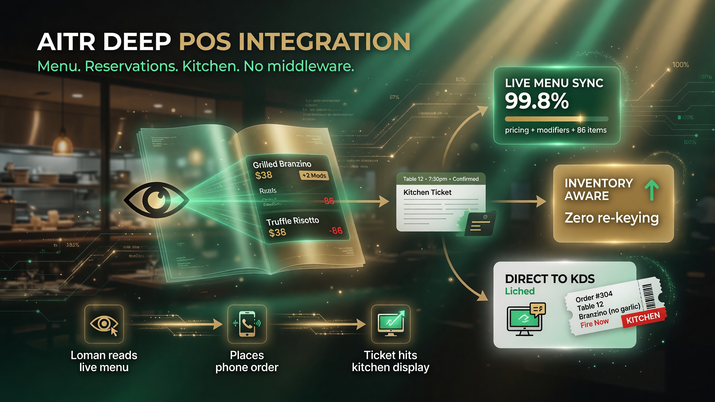 Deep POS integration with live menu sync, inventory awareness, and orders hitting the kitchen display