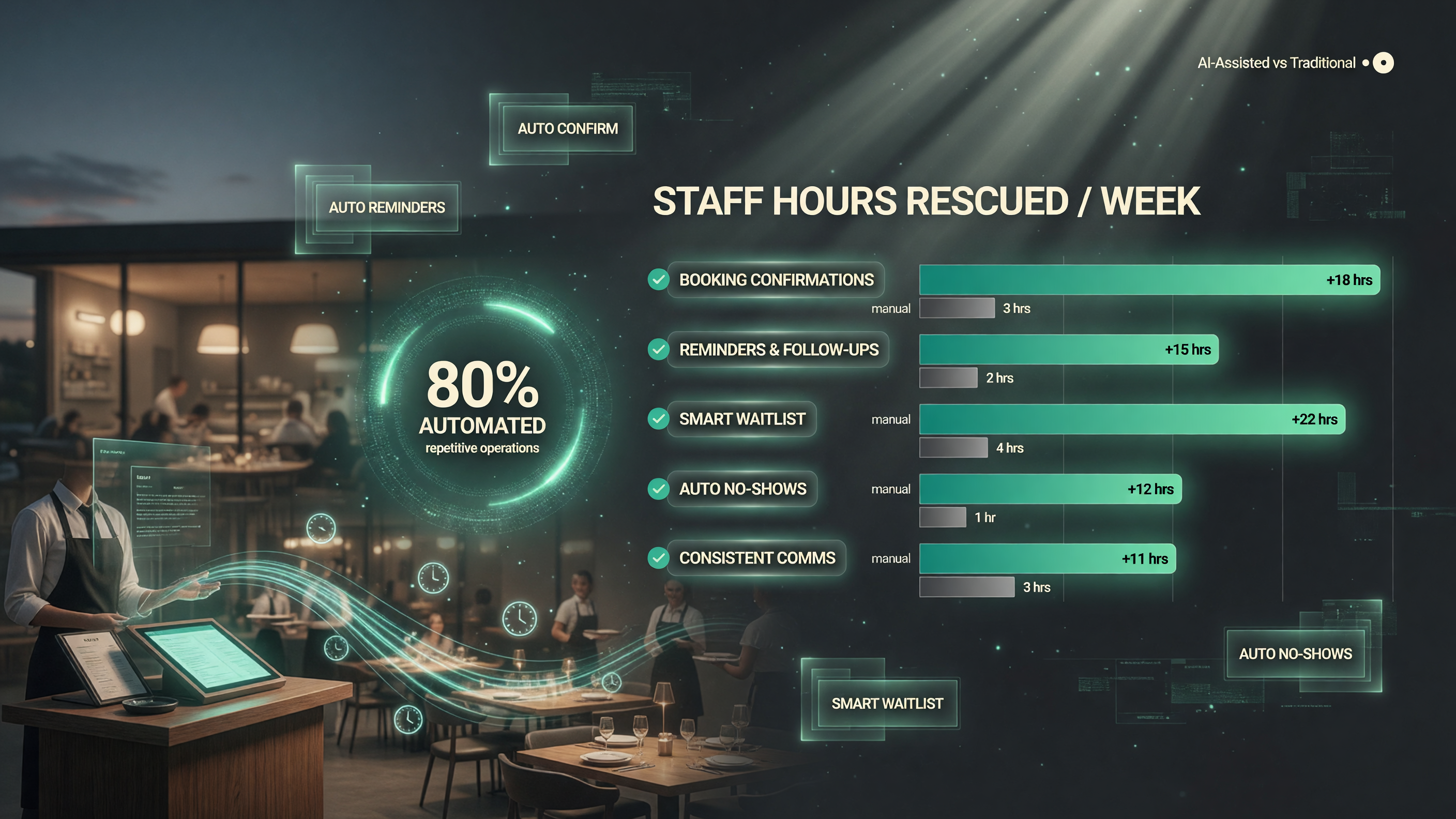 An independent restaurant reclaims over 10 staff hours a week by automating repetitive booking, waitlist, no-show, and guest-communication tasks with OpenTable's AI-assisted tools.
