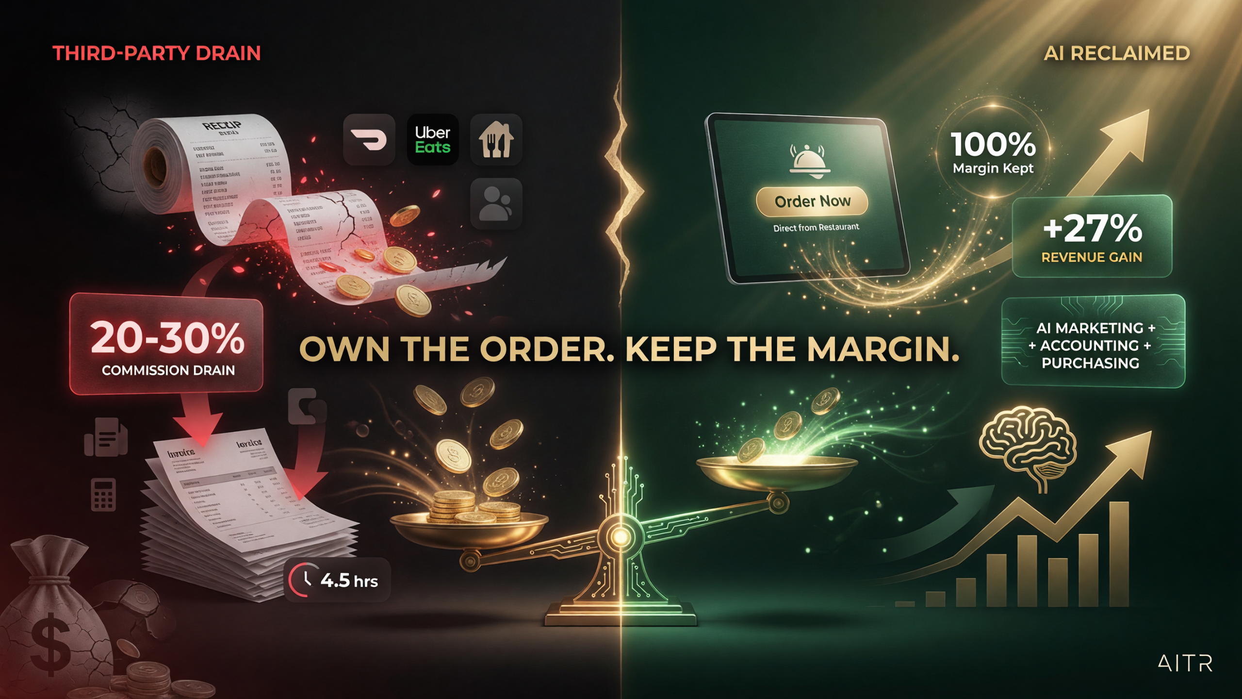 Back-office cost comparison for an independent restaurant: on the left, 20-30% of each order leaking to third-party delivery apps plus manual admin hours; on the right, AI tools running marketing, accounting, and purchasing while owned-channel ordering keeps the commission with the restaurant
