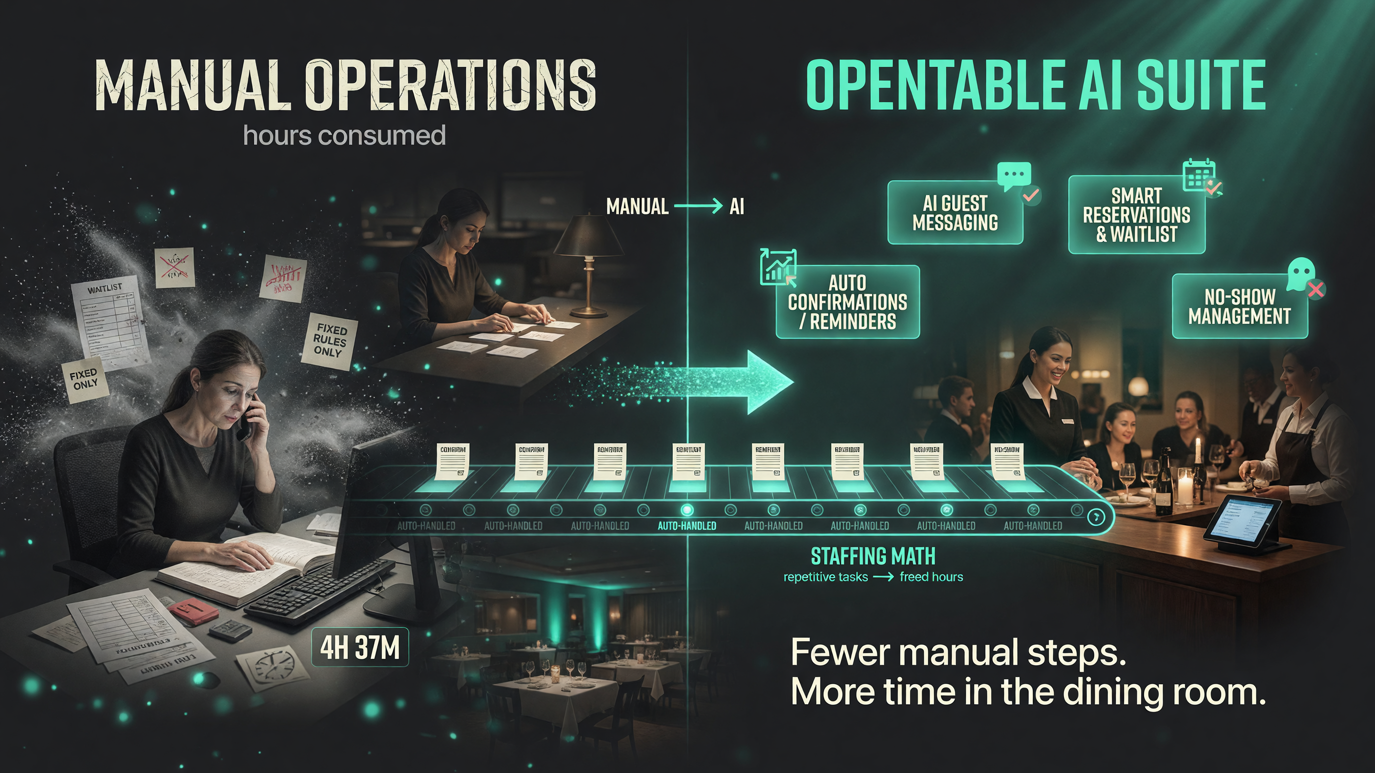 OpenTable's AI suite automates the repetitive, high-volume parts of running a restaurant — guest messaging, smart reservations, booking confirmations, and no-show management — while the operator and team focus on the dining room.