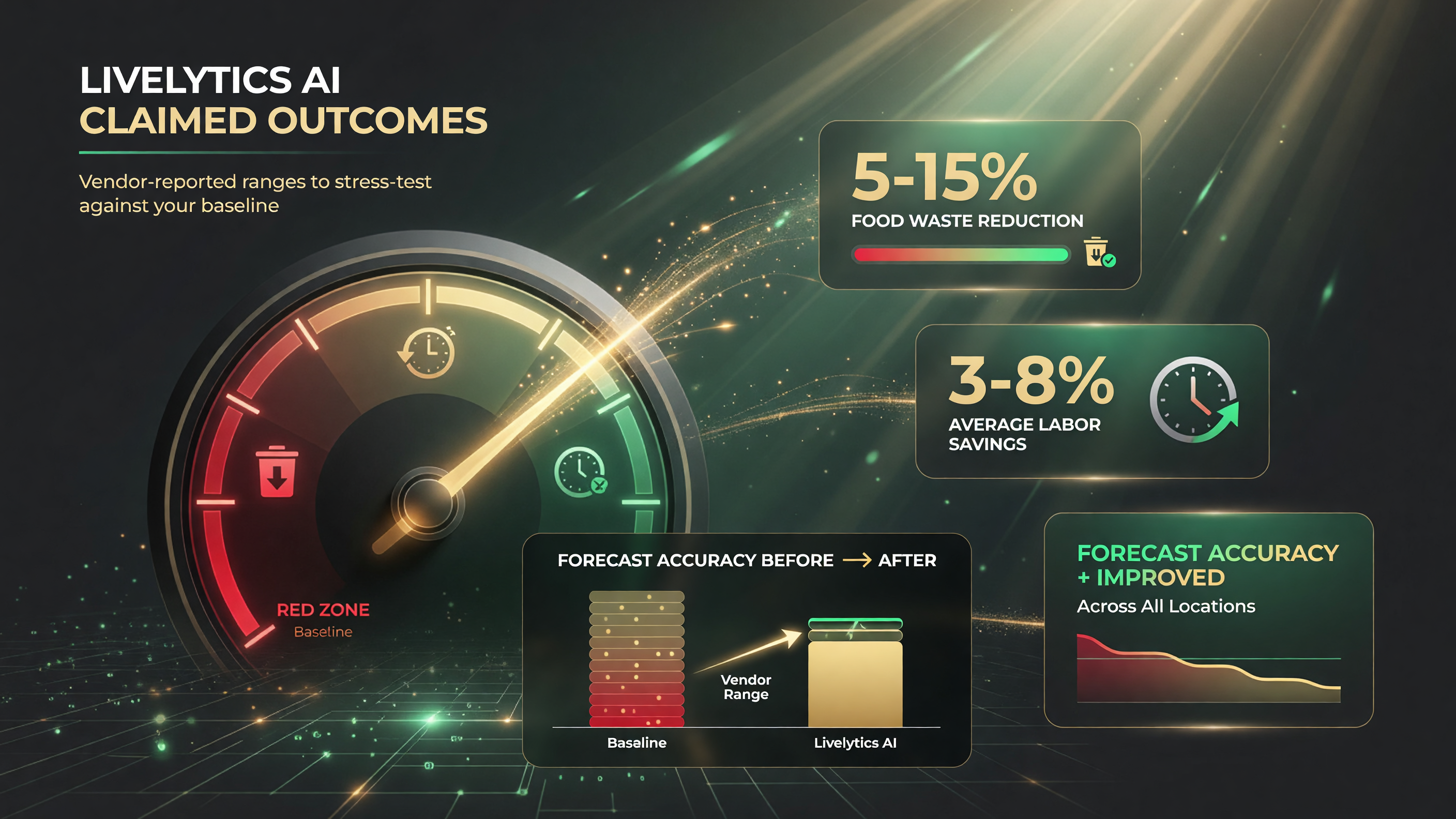 Livelytics claimed outcomes: 5-15% food waste reduction, 3-8% average labor savings, improved forecast accuracy across locations