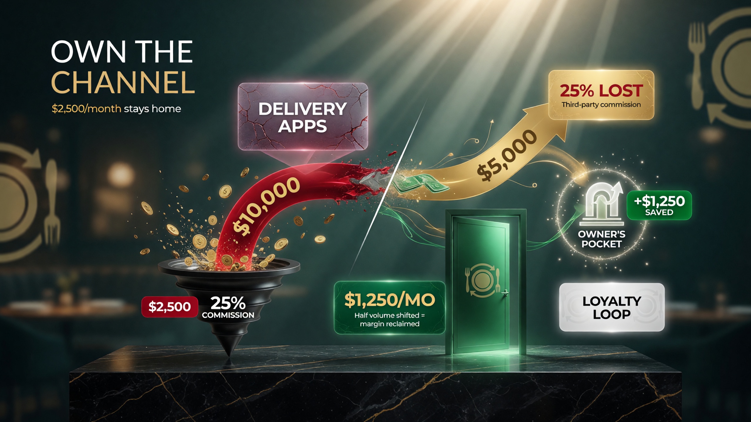 Owned-channel math for an independent restaurant: monthly delivery-app volume at a 25 percent commission means real money leaving to third-party marketplaces, while shifting volume to the restaurants own direct-ordering channel with a loyalty loop reclaims the margin without touching menu or prices