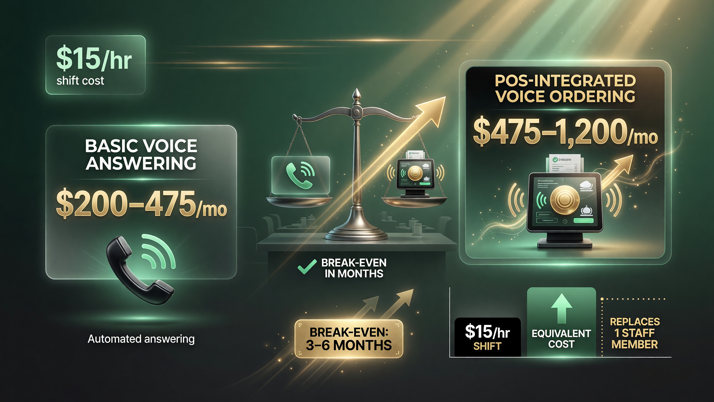 Voice AI cost tiers for independent restaurants: $200-475 basic vs $475-1,200 POS-integrated vs $15 per hour staff