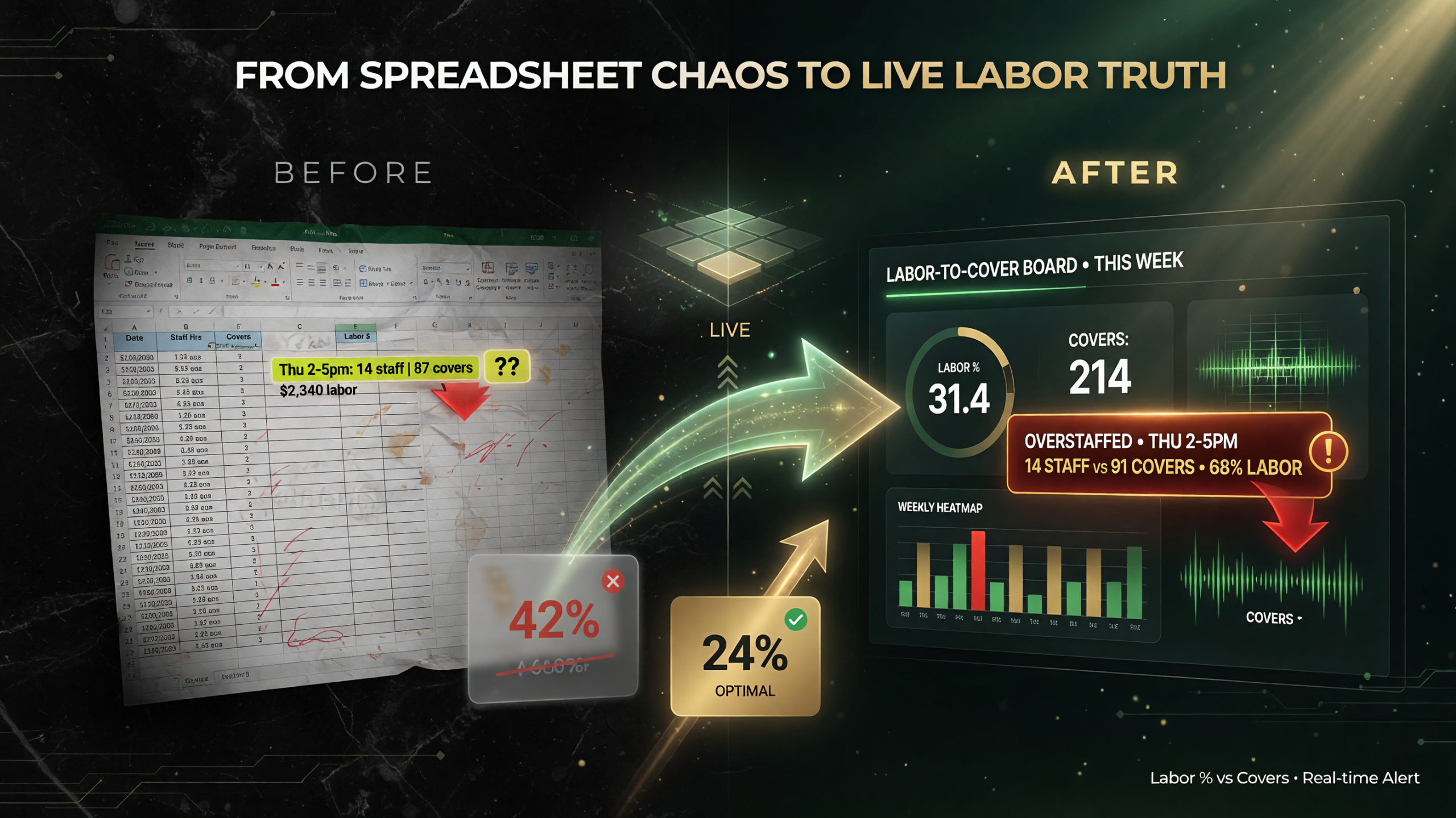 Before and after of a labor-to-cover board for a restaurant: a messy manual spreadsheet on the left hiding an overstaffed slow period, and a live dashboard on the right tracking labor percentage against covers with an alert exposing the overstaffed daypart