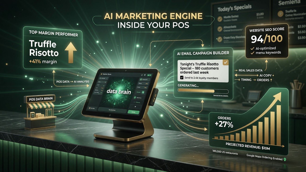 Toast IQ Grow AI marketing engine dashboard showing top margin performer, AI email campaign builder, website SEO score, and orders growth