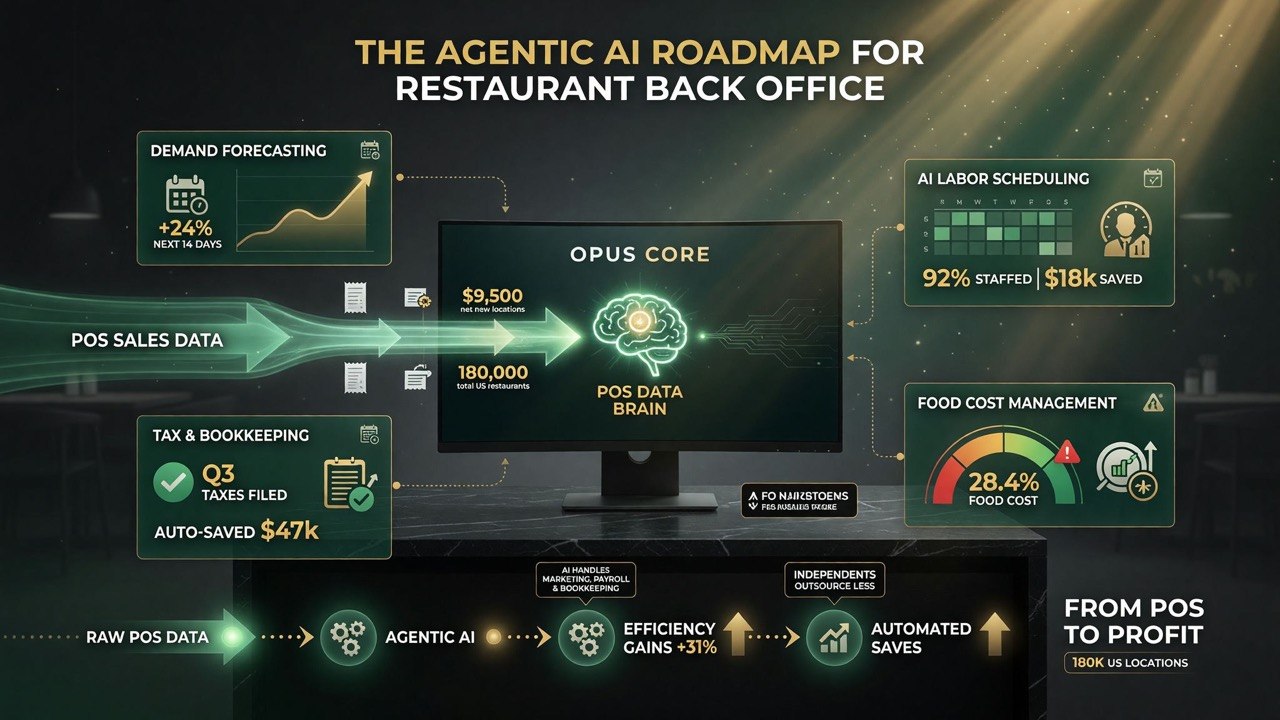 Agentic AI roadmap for restaurant back office showing demand forecasting, AI labor scheduling, food cost management, and tax and bookkeeping automation